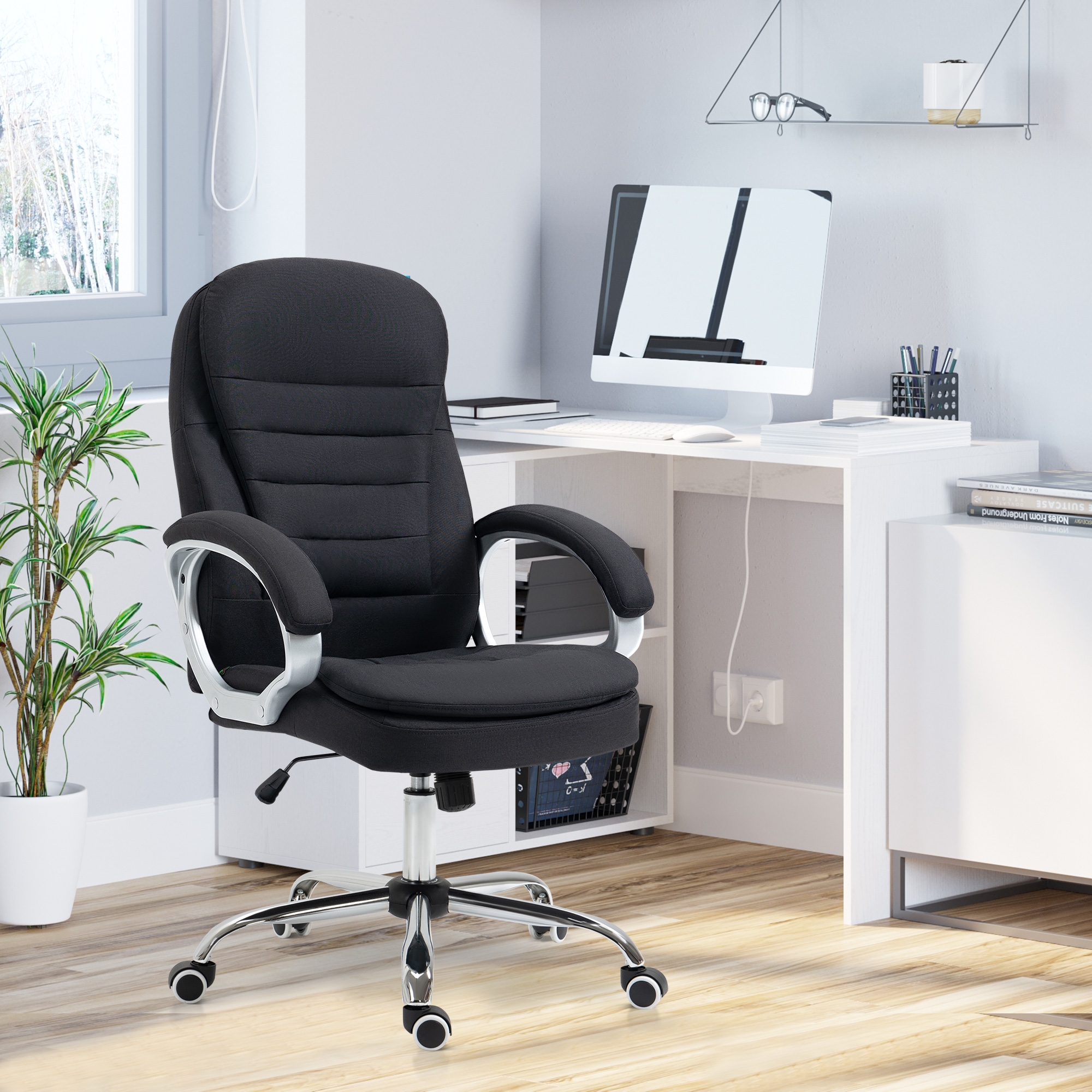 Vinsetto Bürostuhl Arbeitsstuhl Schreibtischstuhl Drehstuhl 360° Ergonomisch Wippfunktion Höhenverstellbar Schwarz Leinen 64 x 75 x 111-121 cm