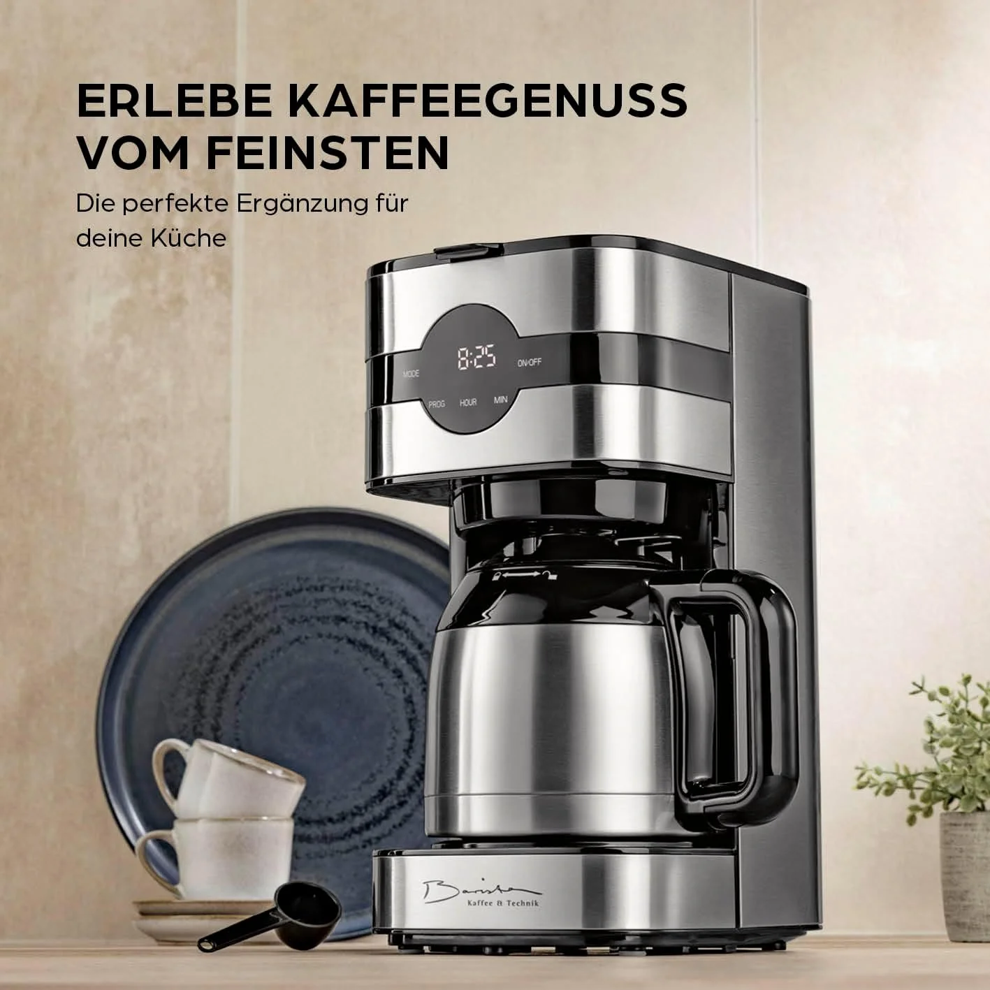 Barista filterkoffiezetapparaat met verstelbare molen & thermoskan | Warmhoudfunctie, 24-uurs timer & permanent filter | Voor 10 koppen koffie | Koffiezetapparaat voor bonen & poeder [roestvrij staal]