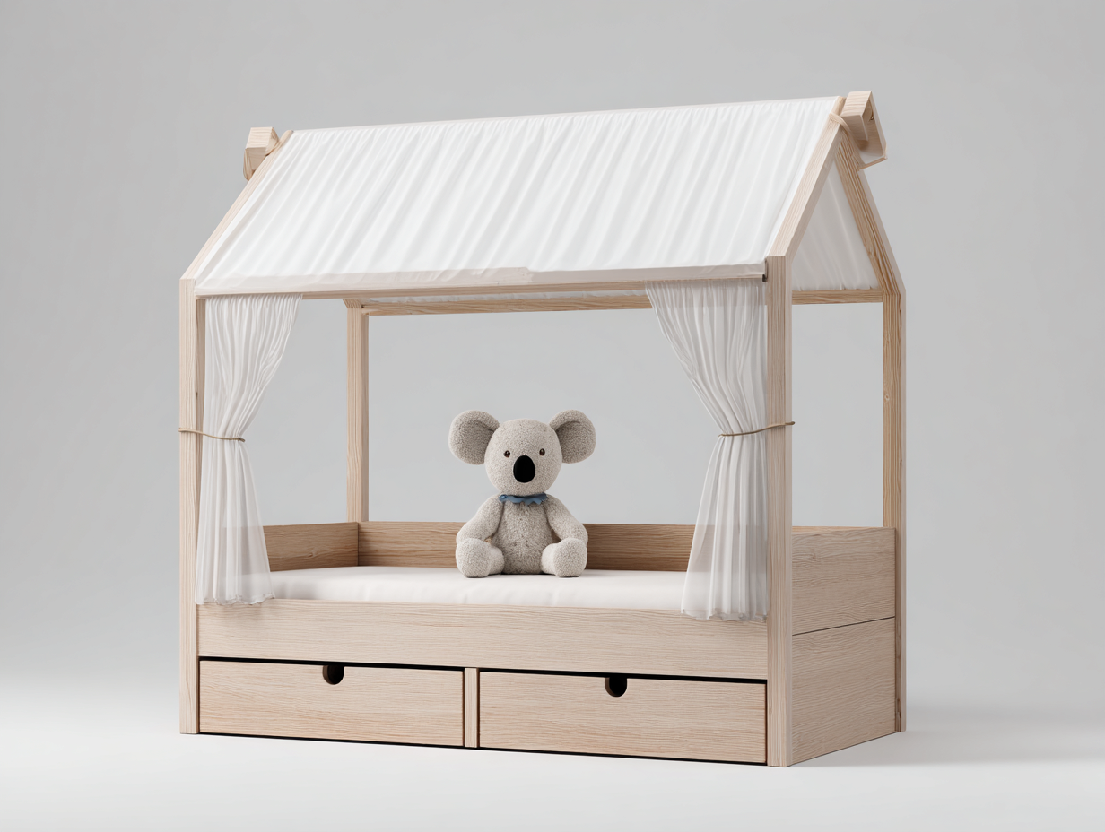 Hausbett-Holzrahmen-165x85x150cm-Natur-Vorhang-Schubladen-Hausdesign