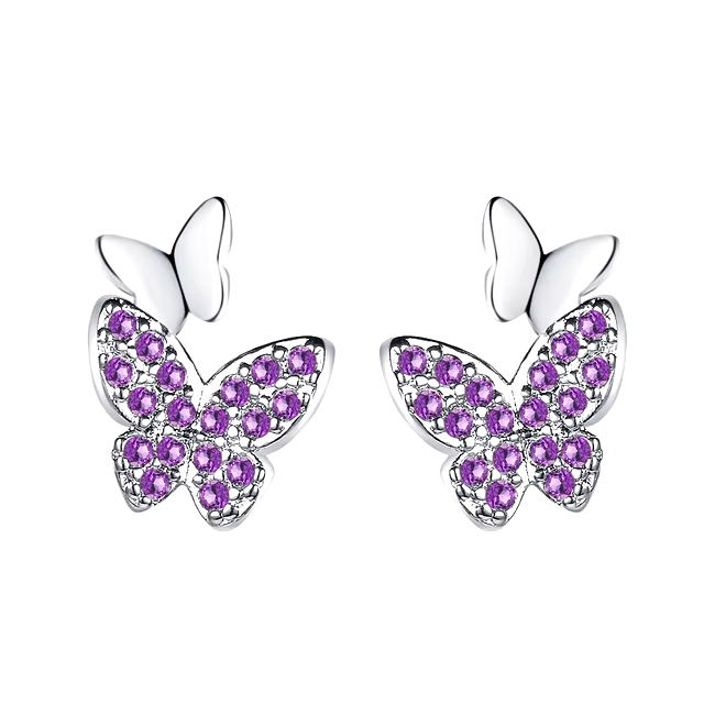 Silver Stud Butterfly Earrings Amethyst Purple Cubic Zircon