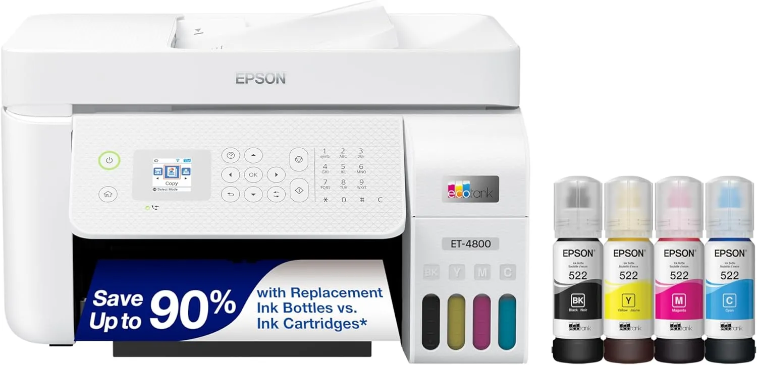 Epson EcoTank ET-4800 Wireless All-in-One Inkjet Printer, White Cartridge-Free, Scanner, Copier, Fax, ADF, Ethernet, Home Office