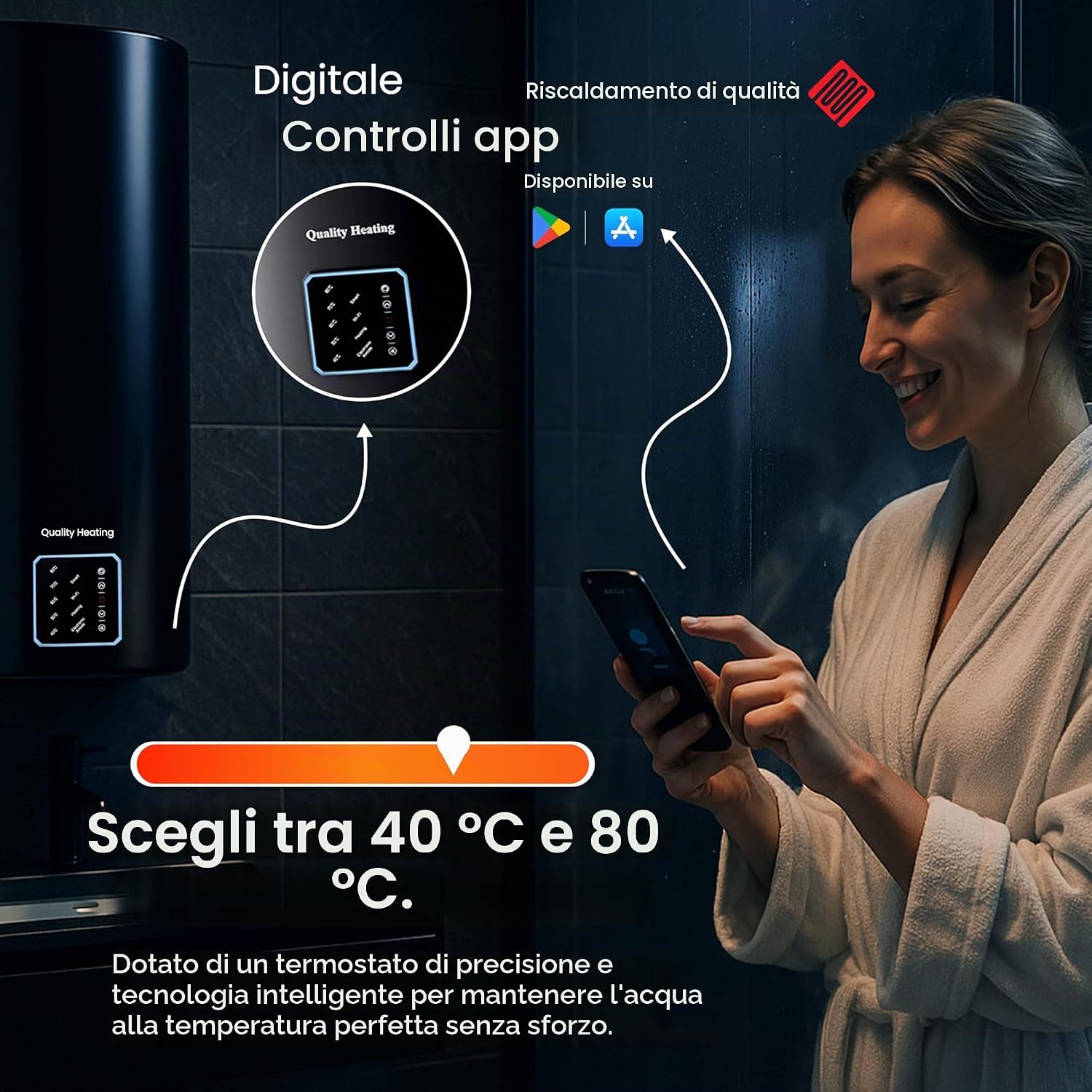 Scaldabagno Elettrico 80L WiFi con Controllo Digitale 2000W – Boiler Elettrico Smart con Controllo da App, Serbatoio Acqua Calda 80 Litri per Bagno, Cucina, Casa e Uso Professionale