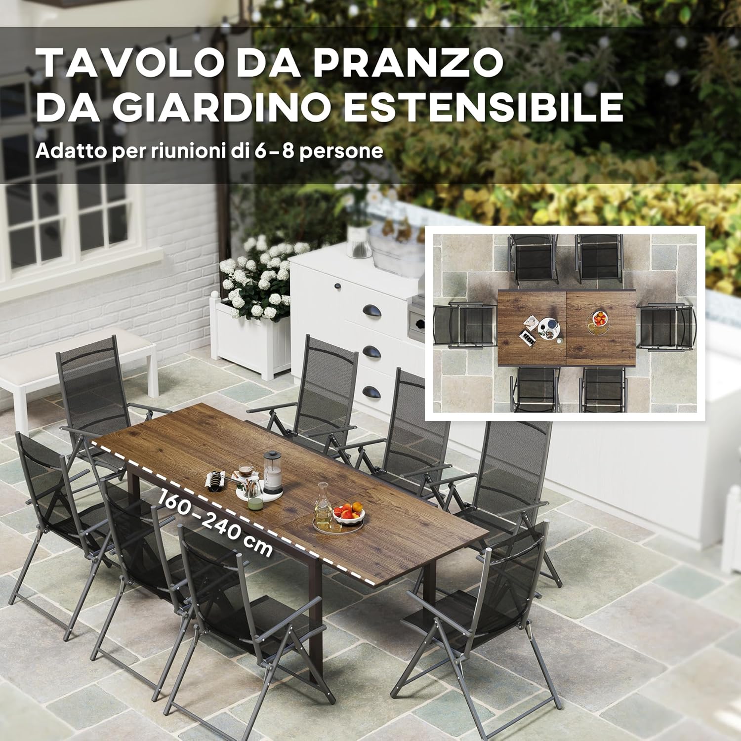 Outsunny Extendable Garden Table 160/240 x 90 x 74 cm, Extendable Dining Table for 6-8 People in Aluminium with Wood Effect Top in DPC for Patio, Balcony and Outdoor, Brown
