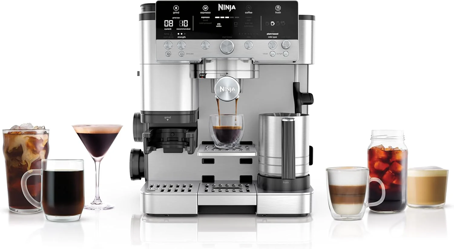 Ninja Luxe Essential 2-in-1-Kaffeemaschine mit Mahlwerk und Aufsch?umer f��r Latte, Cappuccino & Espresso, einfache Handhabung, 2 Voreinstellungen zum Aufsch?umen, Silber, ES501EU
