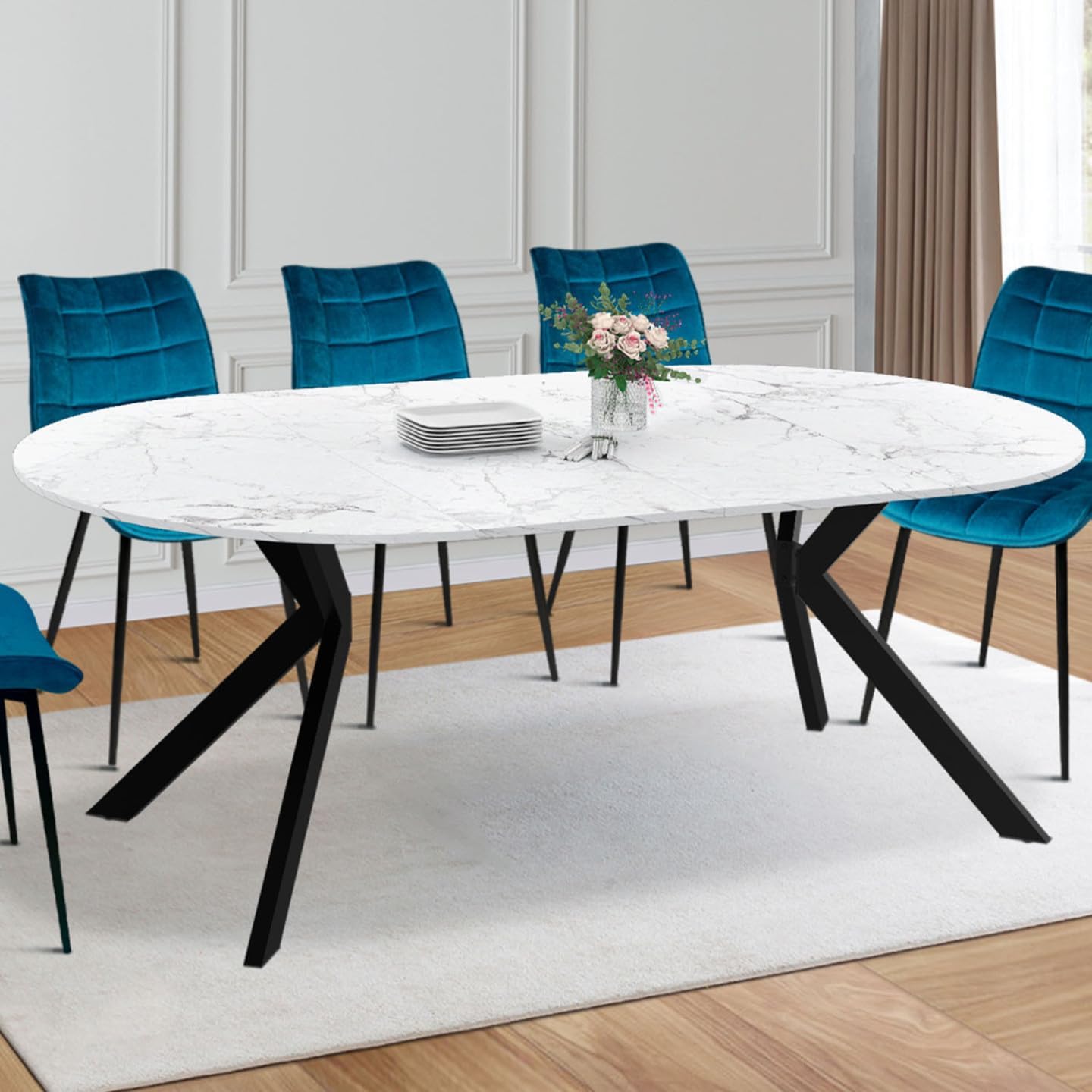 IDMarket - ALIX tavolo da pranzo rotondo allungabile 4-10 persone gamba a ragno nera piano effetto marmo bianco ALASKA 110-200 cm