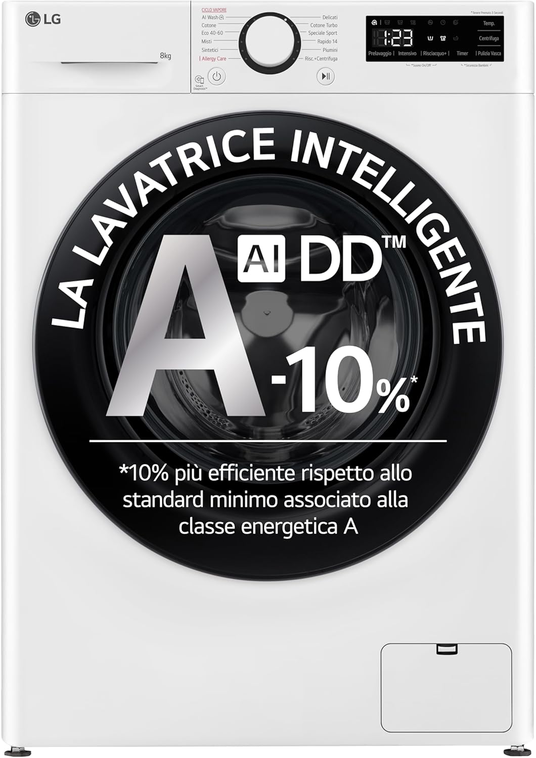 LG AI DD F2R3S08NSWB Slim Front Load Washing Machine 8 kg R3 Series, Class A Washing Machine, 1200 RPM, Steam Wash, AI Wash, Direct Drive Inverter Motor, Smart Diagnosis, Freestanding, White