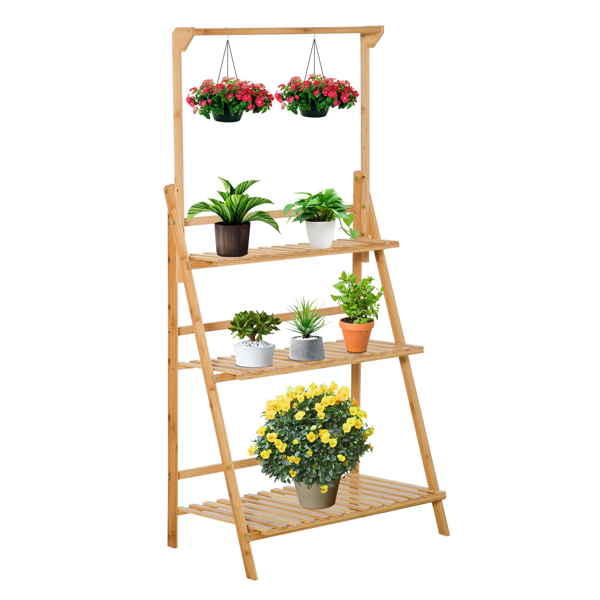 Outsunny Blumentreppe aus Holz Pflanzenständer Leiterregal einstellbare Hängehöhe Blumenständer hängende Bamboo Natur innen draußen 70 x 40 x 143 cm