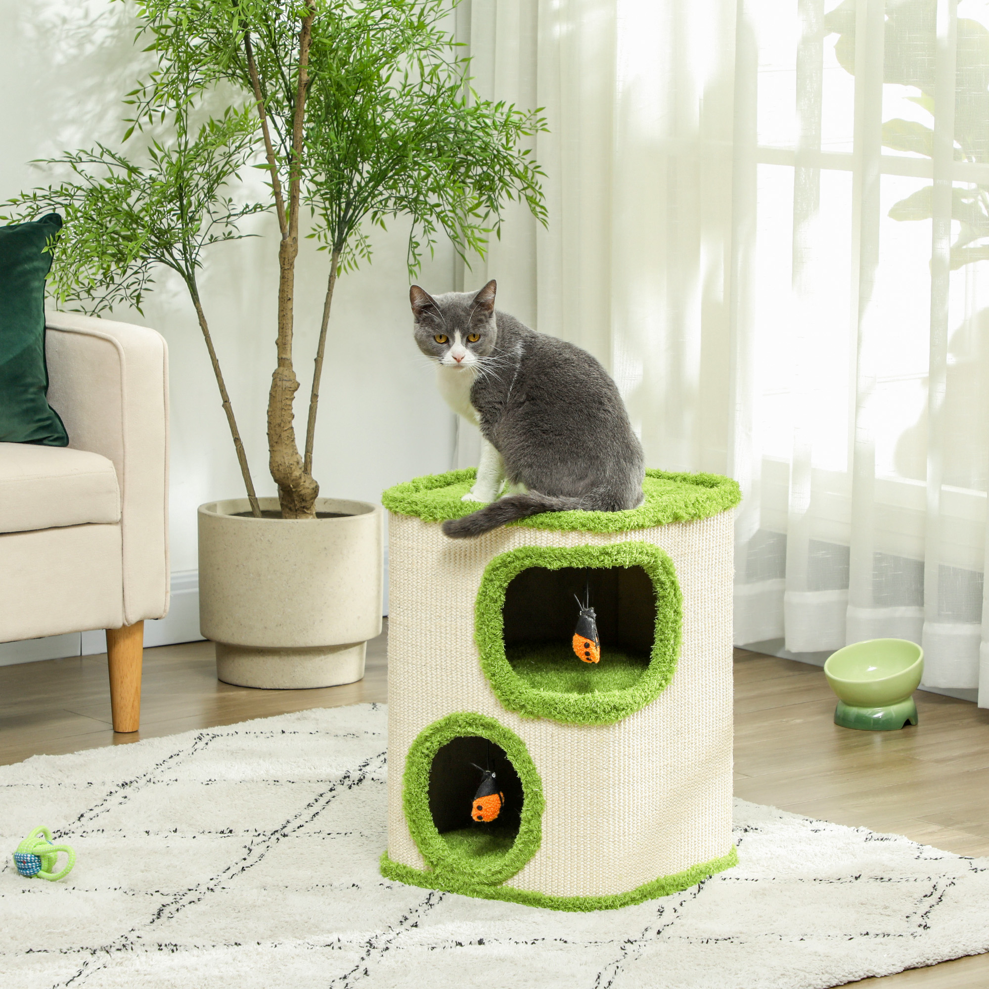 PawHut Kratzturm, 52 cm, Katzenhöhle mit Plüsch, Kratzfläche, Spielzeug, Grün/Cremeweiß