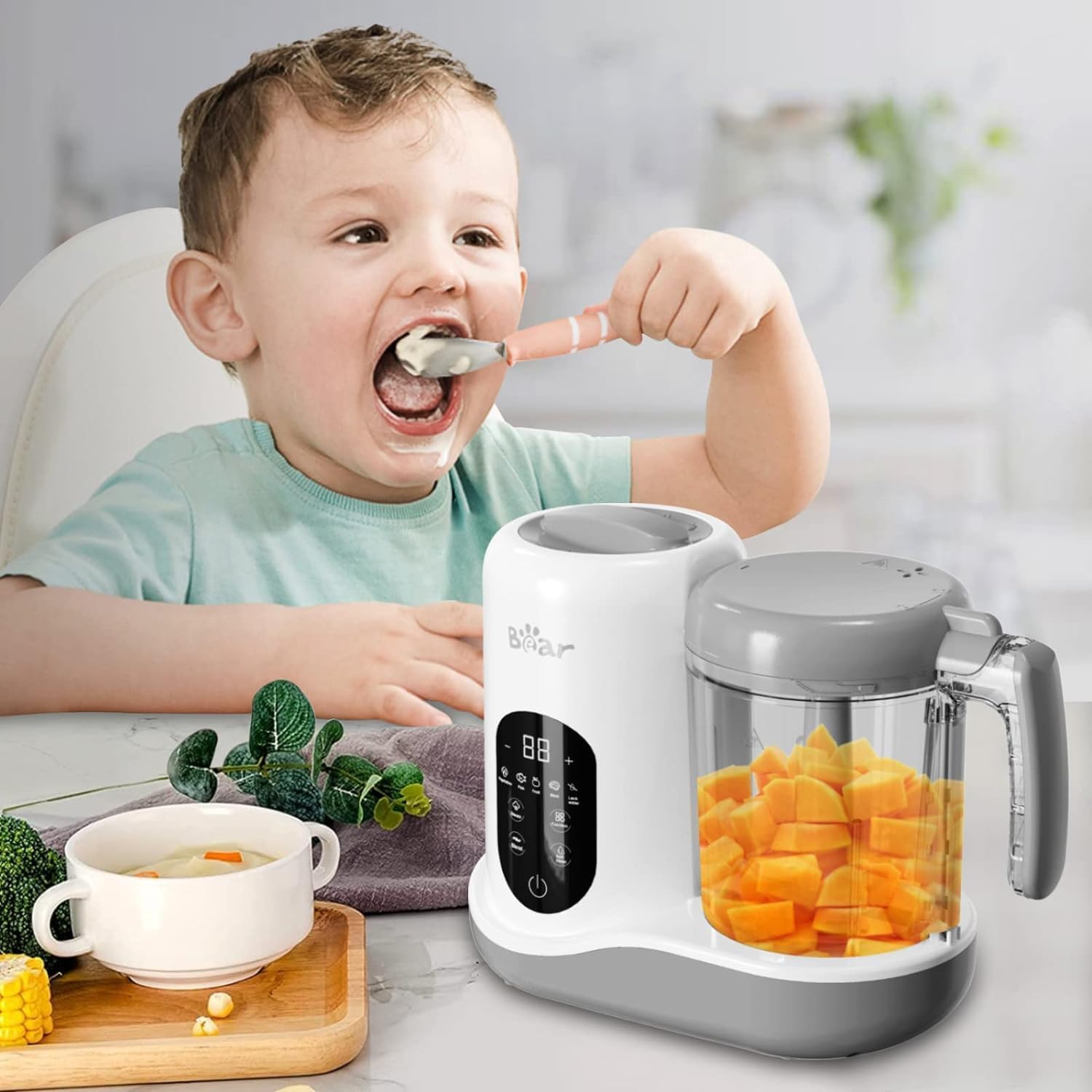 Bear Babynahrungszubereiter,Eine Stufe Baby Food Maker Dampfgarer Mixen,Automatisches Kochen & Zerkleinern,Babybrei Zubereiter mit Selbstreinigungsfunktion,Wei