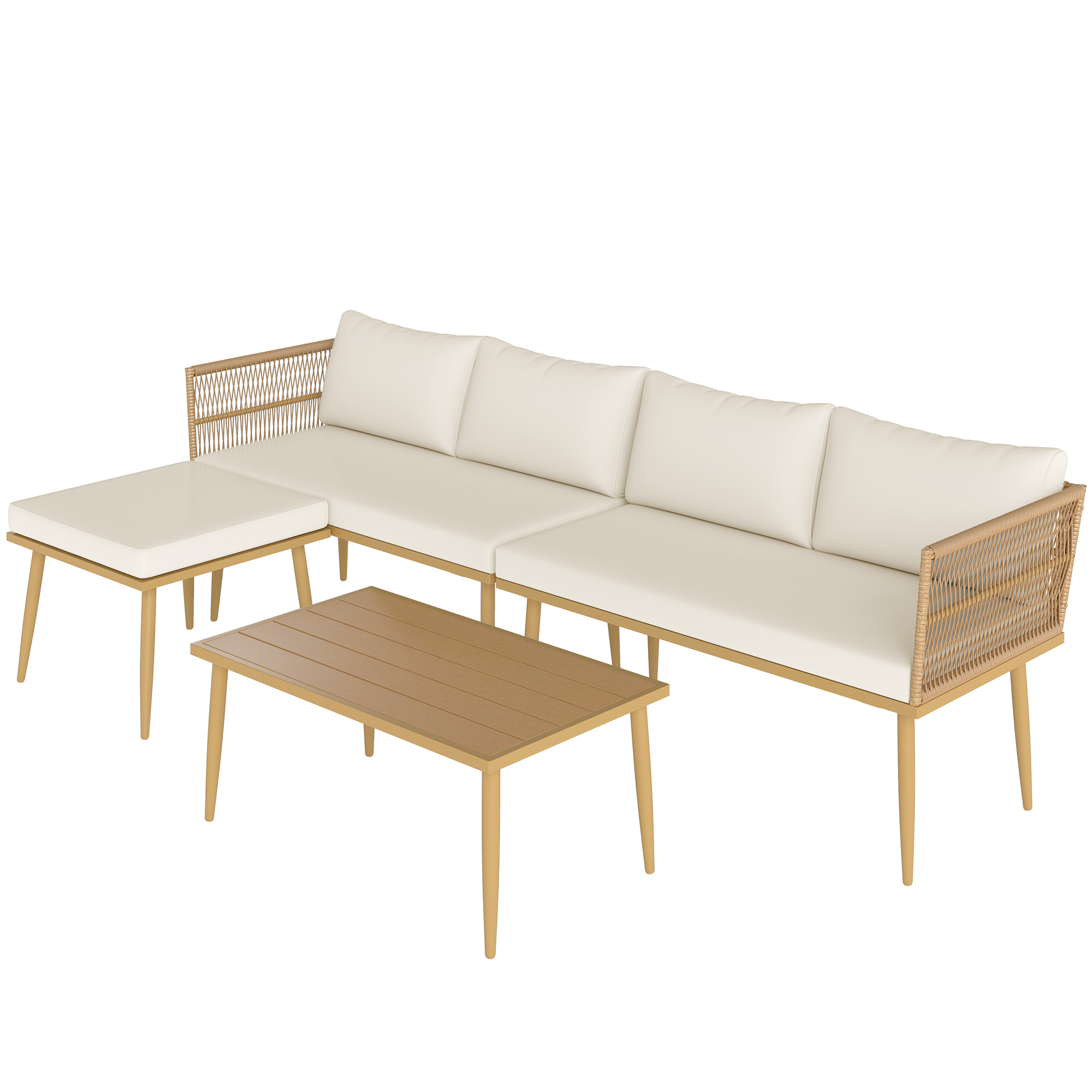 Outsunny Gartenmöbel-Set im Freien aus wetterfestem Kunststoffgeflecht für 5 Personen mit 2 Zweisitzer-Sofas, Hocker und Couchtisch, Kissen inklusive, Creme