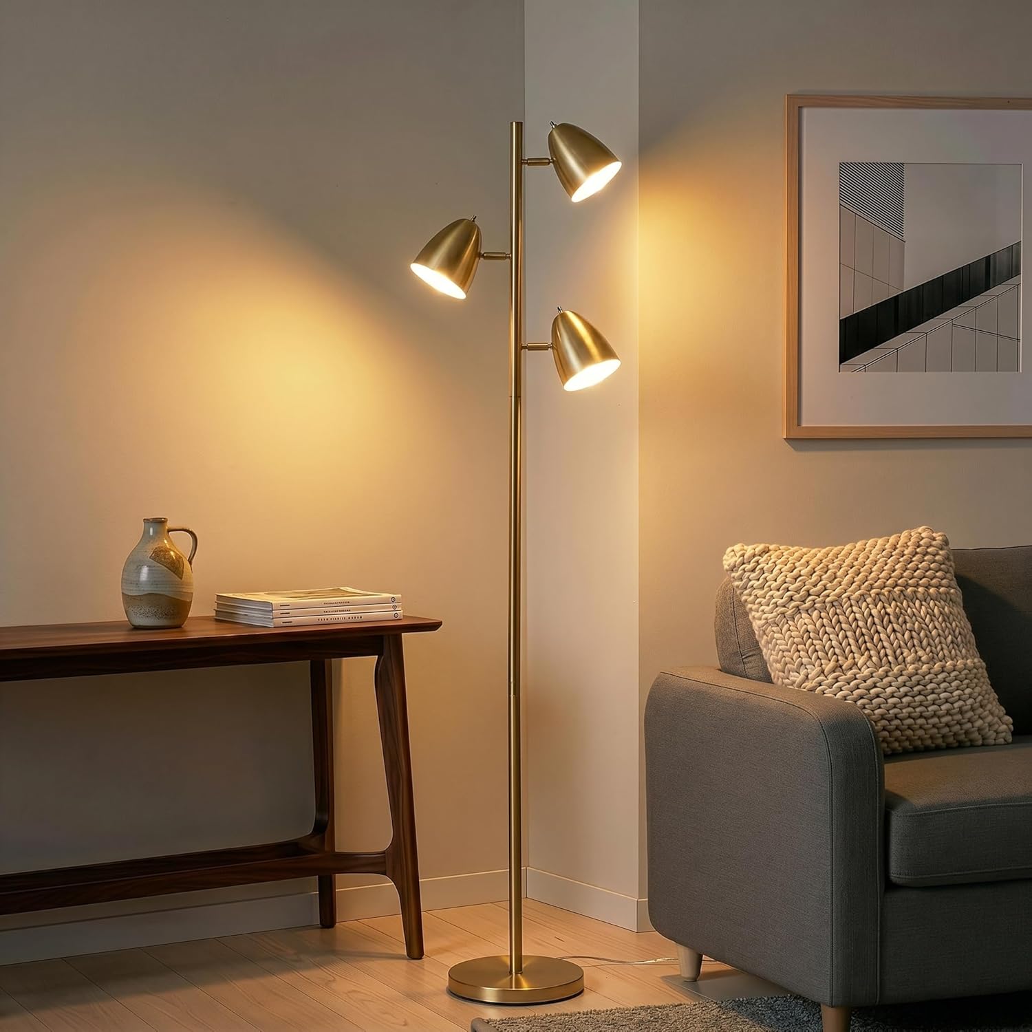 Brightech Jacob LED Standing Lamp, Modern Bright Floor Lamps for Living Rooms & Bedrooms, Tall LED Lighting Lamp with Adjustable 3 Light Tree �C Antique Brass/Gold