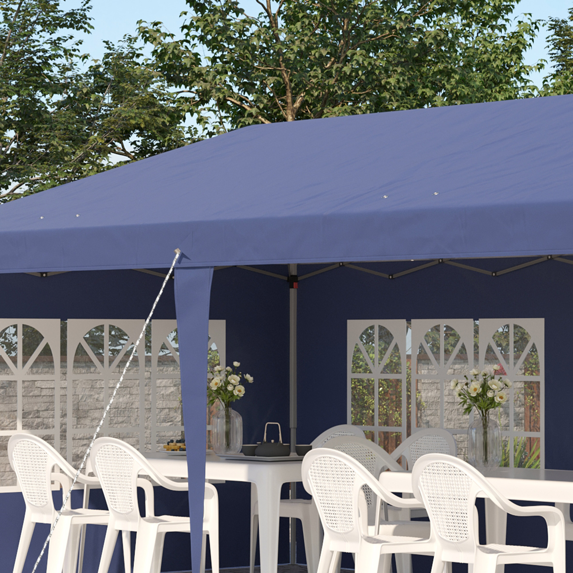Opklapbare tuinpaviljoen van 6 x 3 m, halfopen, verwijderbare zijwanden, grote ramen, draagtas, stalen frame, blauw