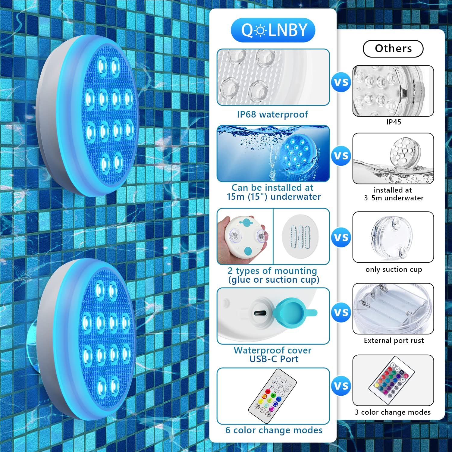 Pool-Lichter, wiederaufladbar, tauchfähige LED-Leuchten, IP68 wasserdichte Unterwasser-Lichter, 16 Farbwechsel, schwimmende Lichter mit Fernbedienung, Magneten, Saugnäpfen für Badewanne, Teich,