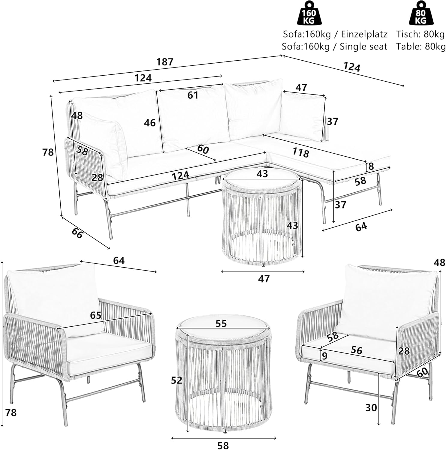Garden Furniture Set with Two Armchairs, Two Seater Sofas and Two Tables, L-Shaped Conversation Set with Cushions, Iron Frame and Beige Rope, Outdoor Living Room for 5 People