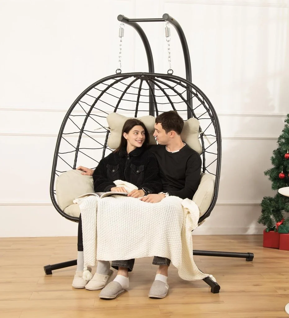 Double Egg Chair wth Stand Hammock Swing Chair Foldable Hanging Loveseat, UV Resistant Removable Cushions, 700LBS Capacity for Bedroom