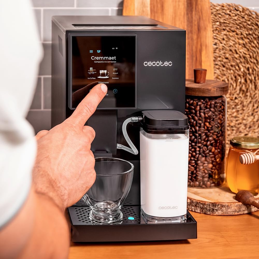 Cecotec Kompakte Superautomatische Kaffeemaschine mit Wifi Cremmaet Compactccino Connected Black Rose. 1350W, 19 Bar, TFT-Bildschirm und APP, Mahlwerk, Milchtank 400 ml und 1 Liter Wasser