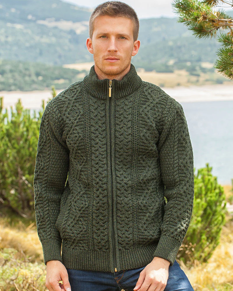 Aran Fisherman Zip Cardigan - Army Green