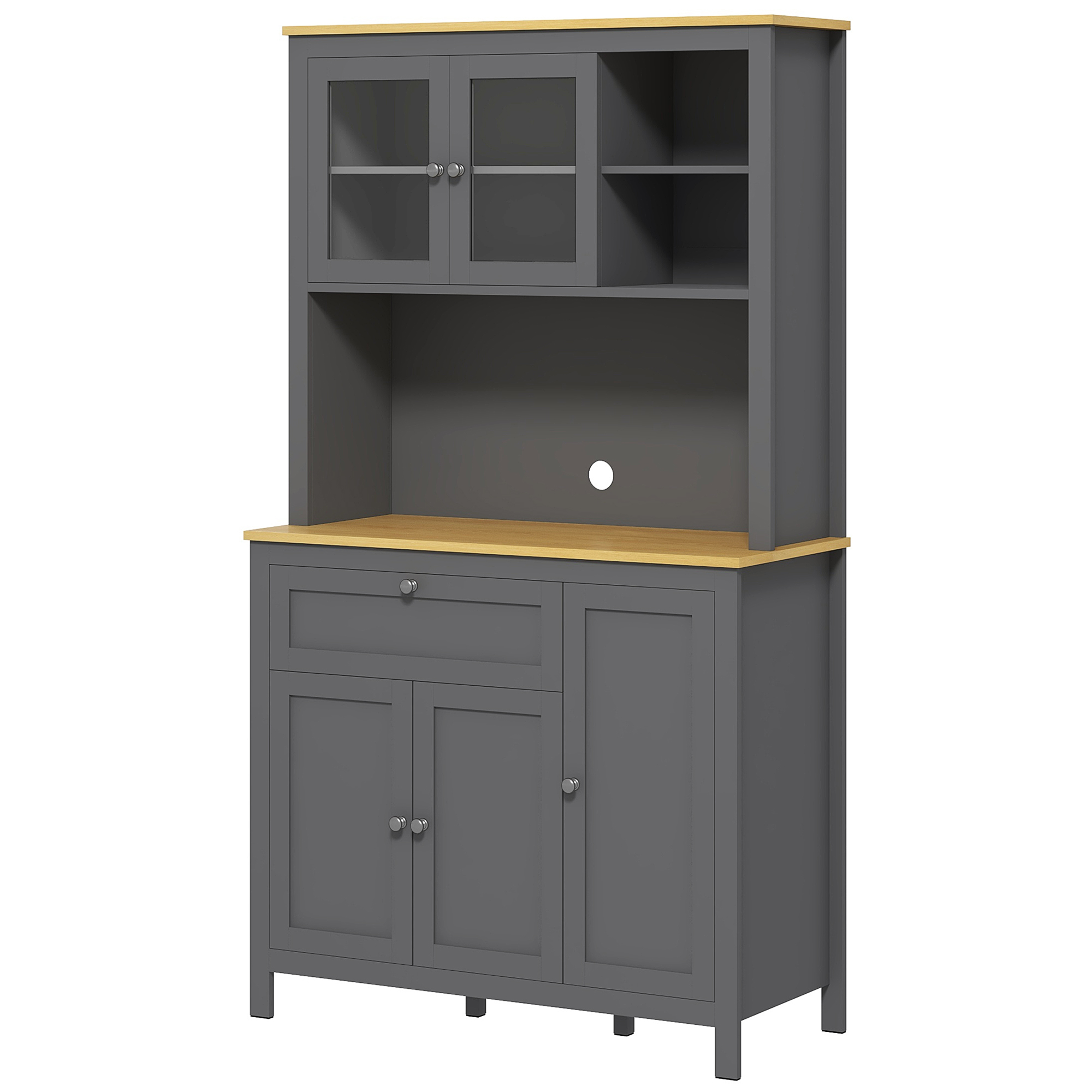 HOMCOM Küchenschrank Buffet Küche 5 Türen davon 2 Glastüren und 1 Schublade, 1 mittleres Fach - Höhe 180 cm Grau