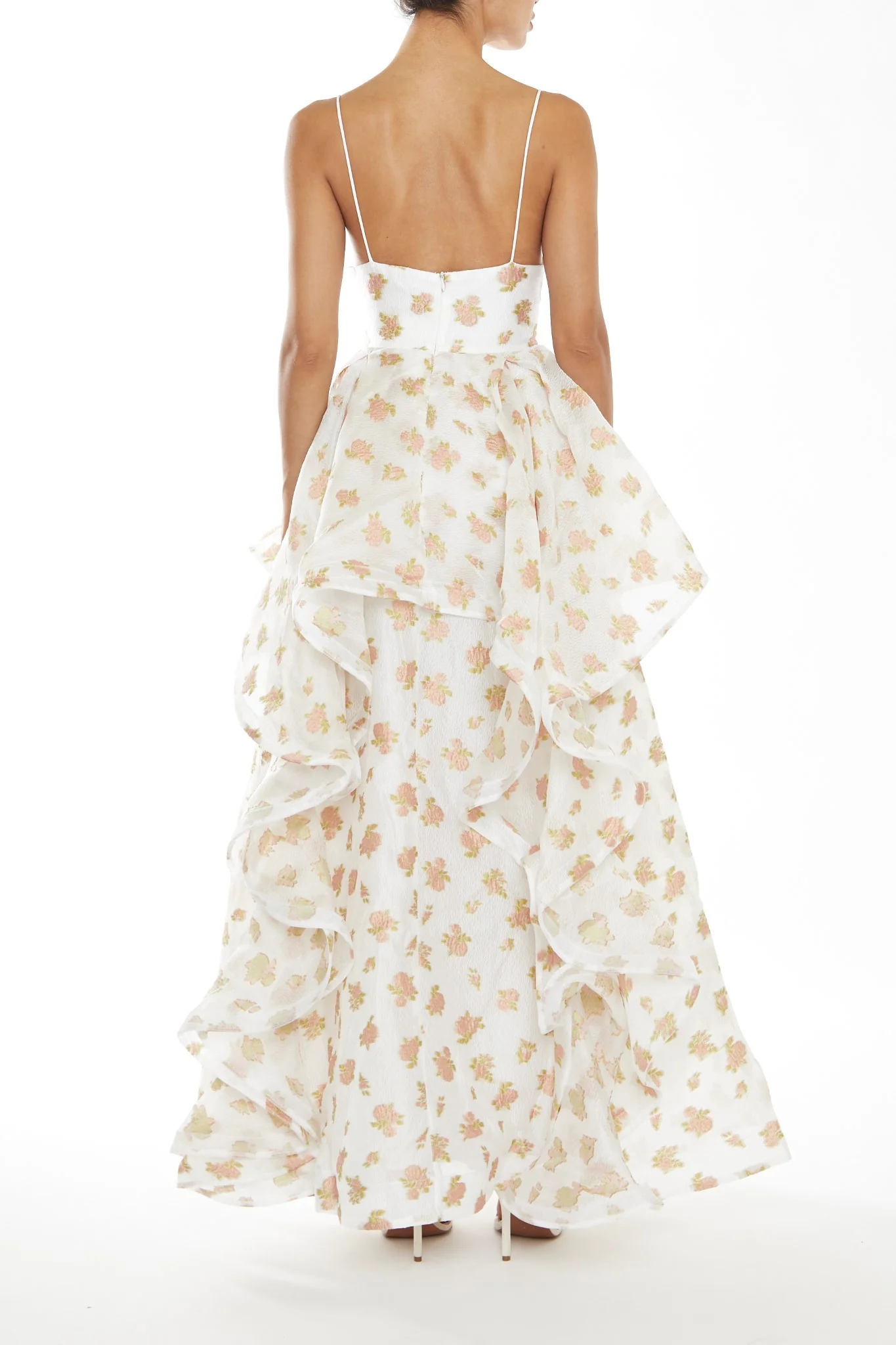 Ingrid Peach-Floral Organza Layered Ruffle Strappy Maxi-Dress