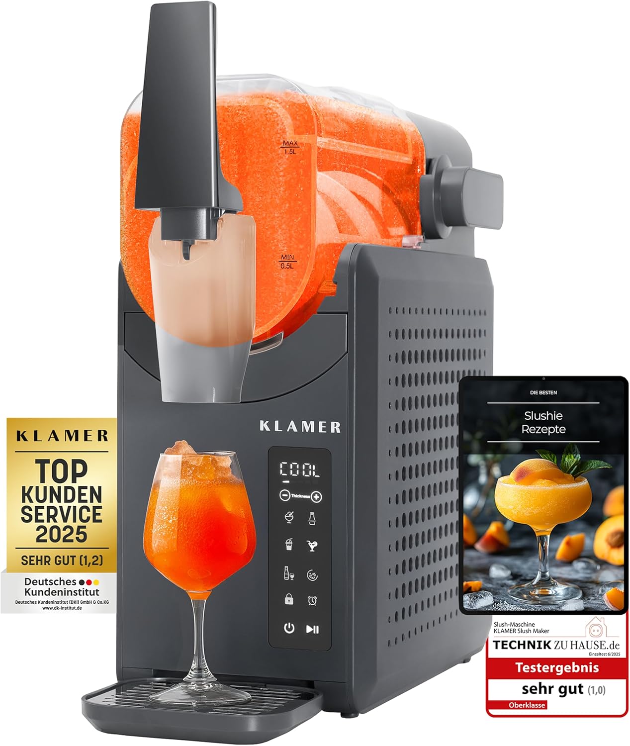 KLAMER Slush Maschine, mit 5 smarten Programmen: Slushie, Cocktail, Milchshake, Frappé, Wein, Automatische Reinigung, 2L Fassungsvolumen, Turbo Freeze, kein Eis erforderlich, mit digitalem Rezeptbuch