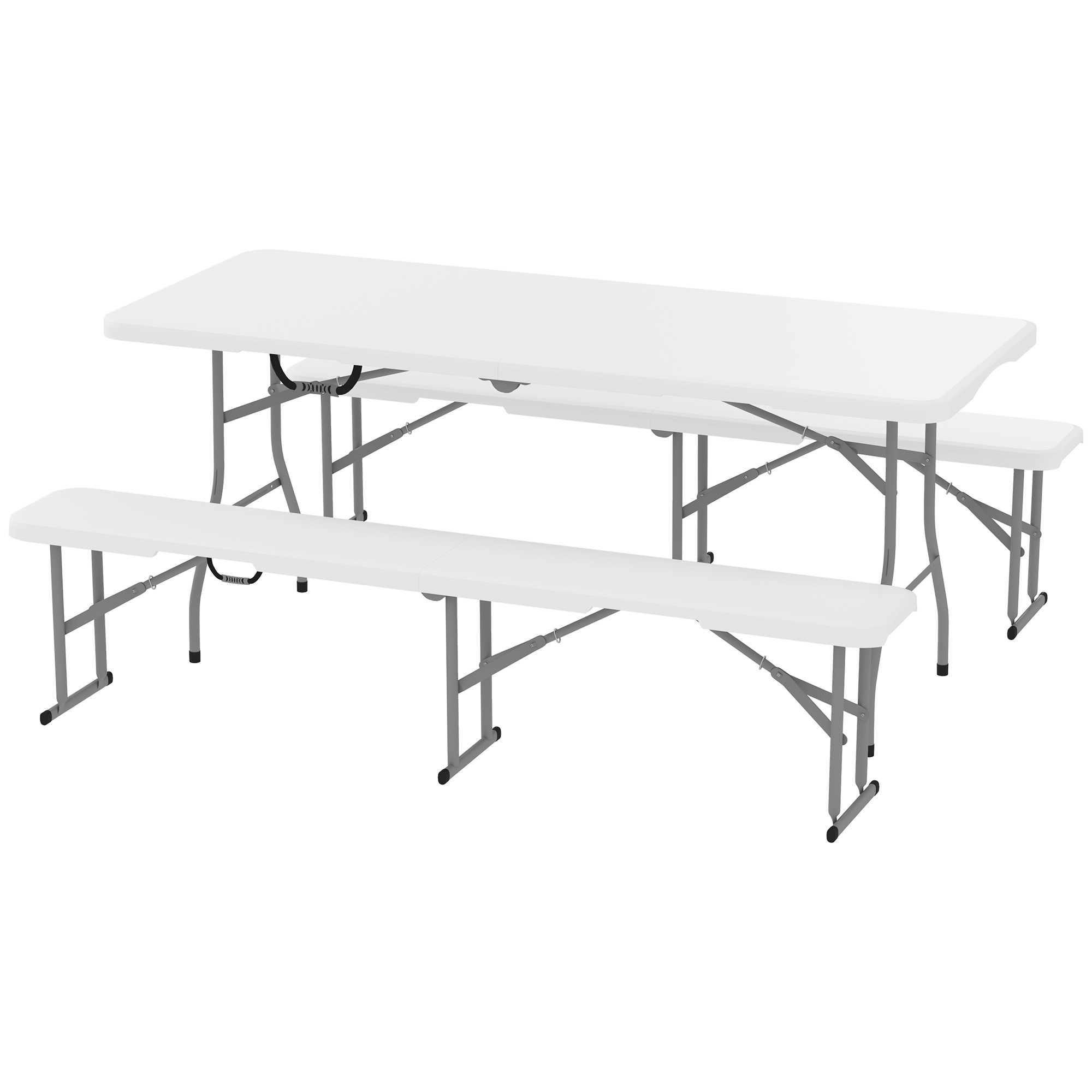 Outsunny 3-teiliges Picknicktisch-Set, 1 Tisch, 2 Bänke, Faltbarer Campingtisch mit Tragegriffen, Kunststoff, Metall, Weiß