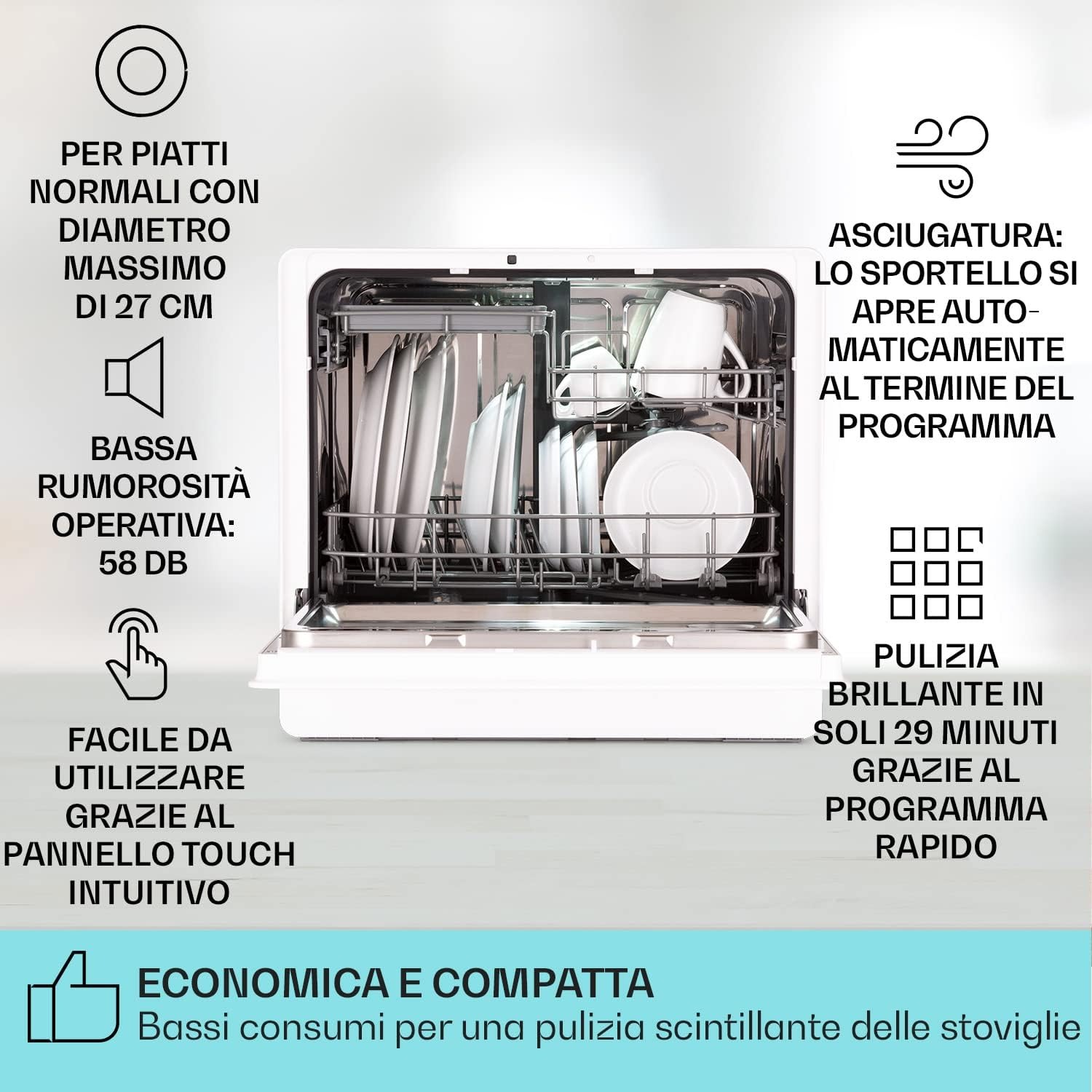 Klarstein Lavastoviglie 5 Coperti, Libera Installazione Silenziosa con 6 Programmi di Lavaggio, Piccola, Mini da Tavolo Compatta e Facile da Installare, Vetro, Bianco