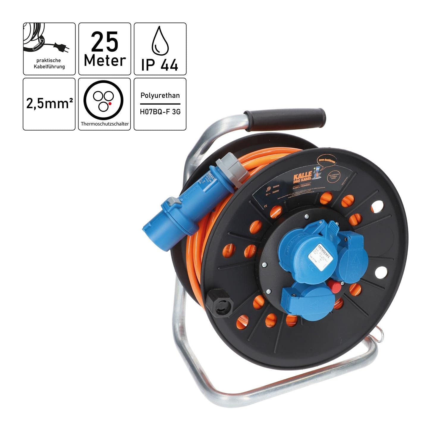 Kalle das Kabel CEE Camping Kabeltrommel H07BQ F 3G 2,5mm² 25 Meter Gummileitung für Camping und Baustelle