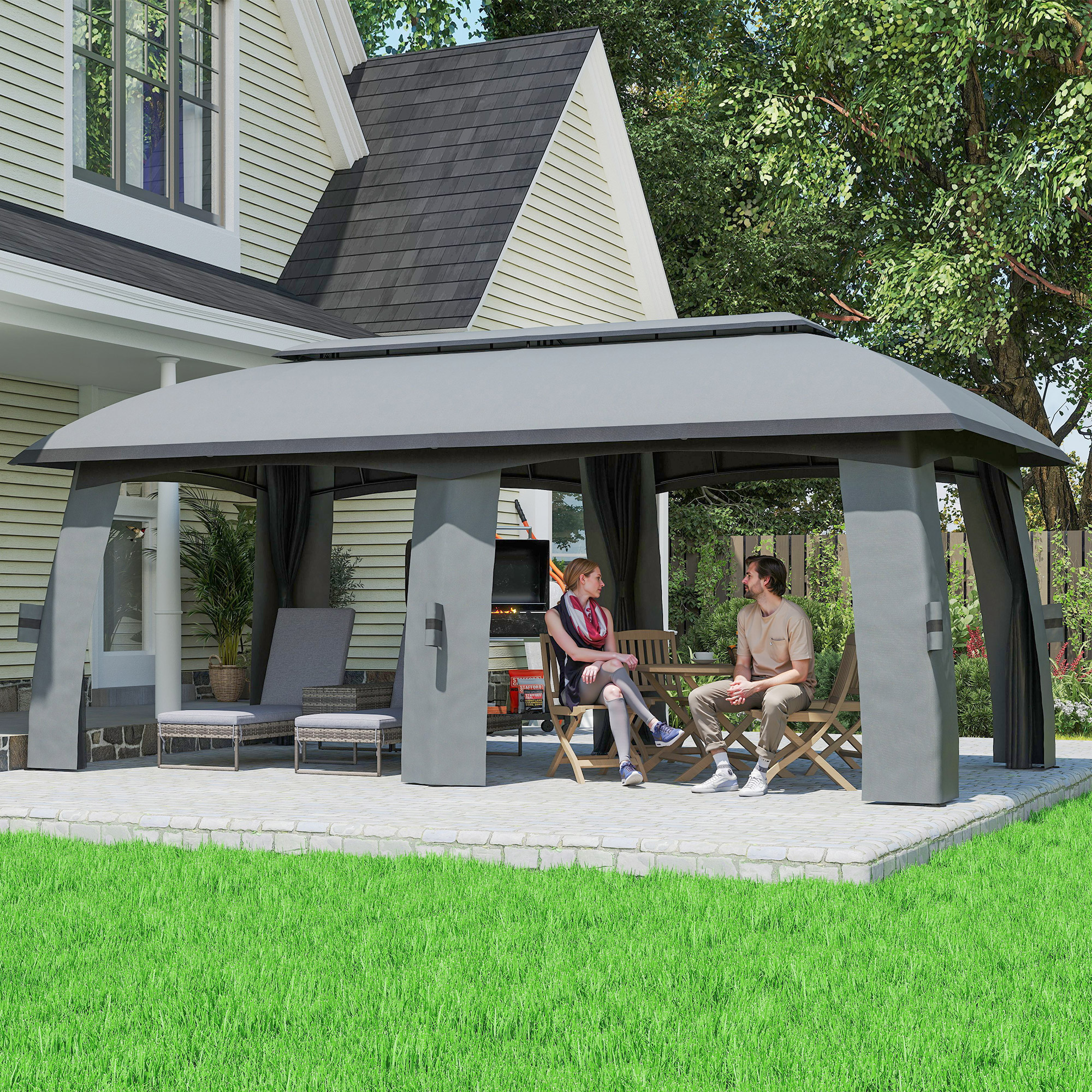 Outsunny Pavillon, Partyzelt, mit Fliegennetzen, Winddach, bis 15 Personen, dunkelgrau, 3 x 6 x 3 m