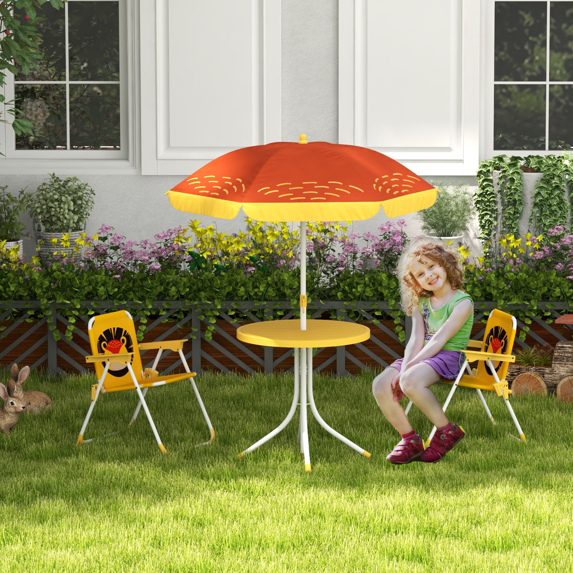 Outsunny Gartenmöbelset für Kinder, 4-teilig, Löwenmotiv mit verstellbarem Sonnenschirm Ø 100 cm, klappbarer Stuhl, Gelb