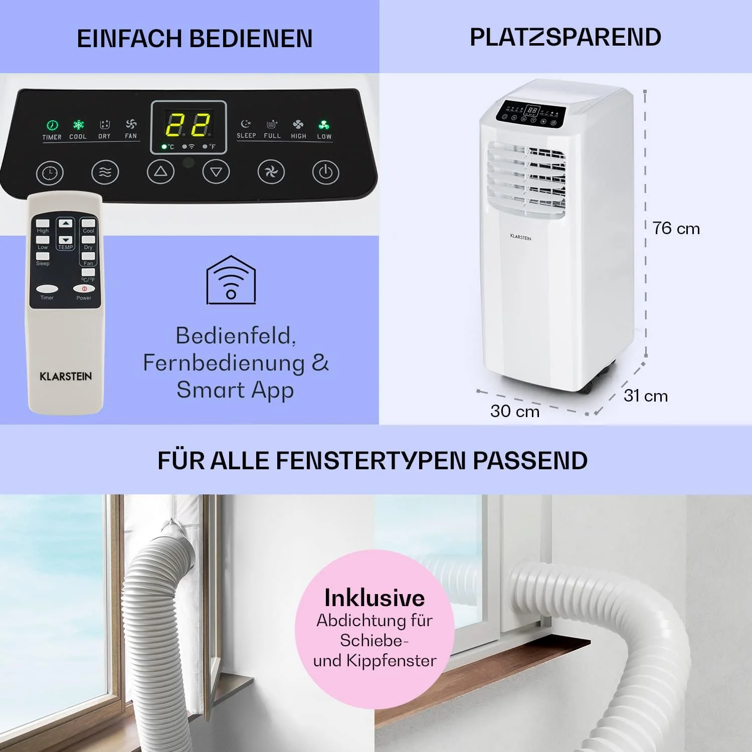 Klarstein Airconditioner, 4-in-1 Airconditioningsysteem, Luchtontvochtiger, Ventilator & Nachtmodus, Mobiele airconditioner met afvoerslang, App-bediening, Airconditioner voor ruimtes tot 44 m2, 9000 BTU, Wit