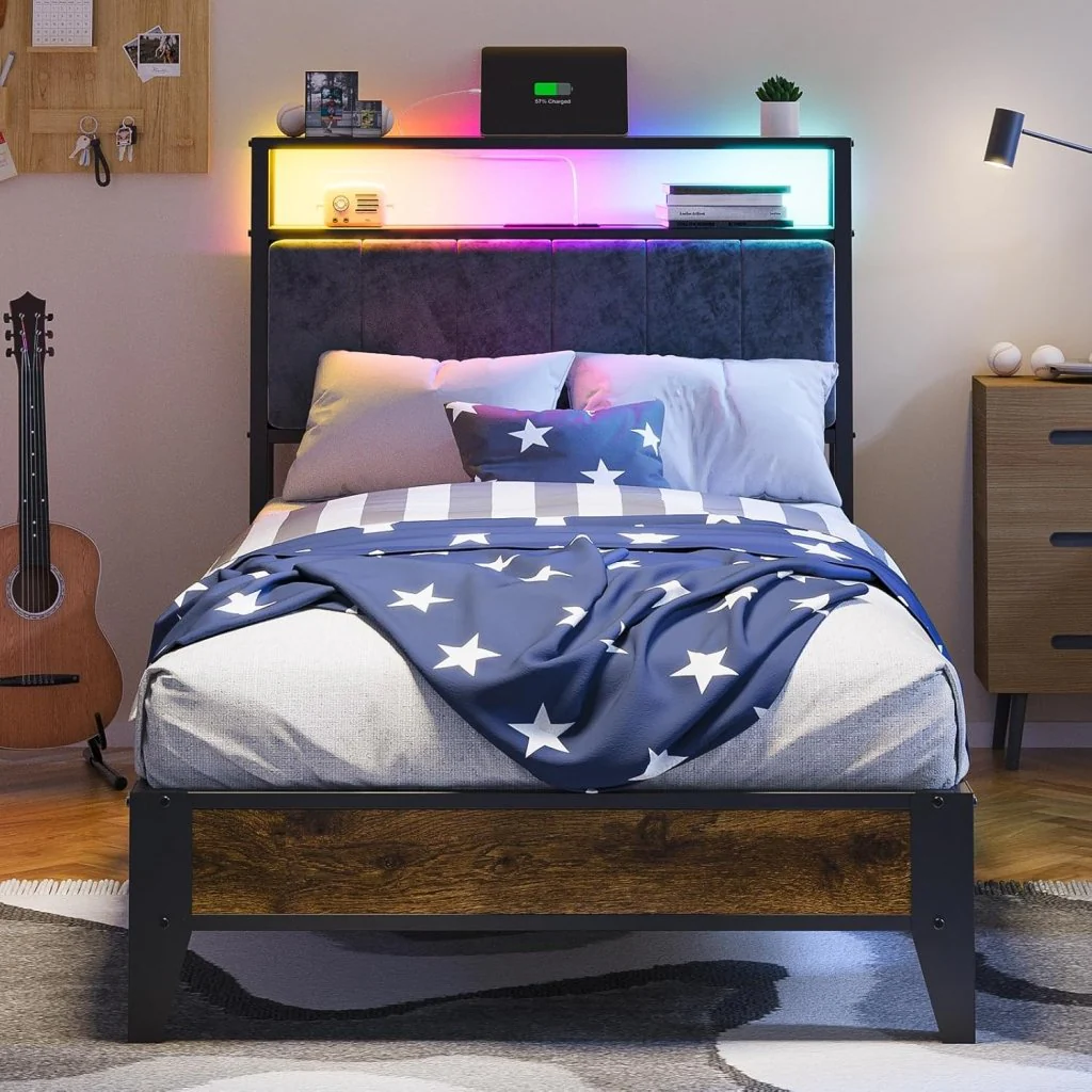 OLEVS Single Bed Frame with LED Light Storage Headboard and Type C Charging Station Metal Platform Bed Single Size No Box Spring Required