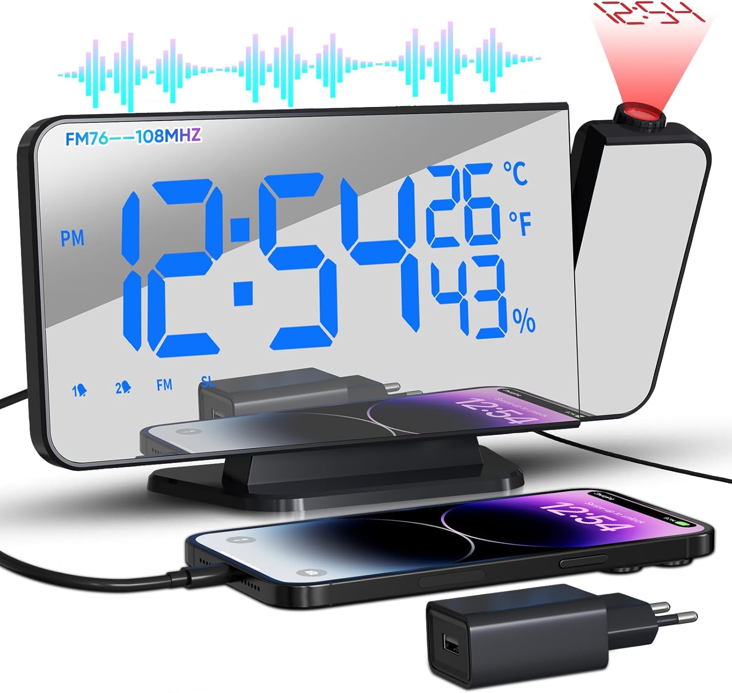 TAKRINK Sveglia con Proiettore 7,5 Pollici Radio Sveglia Digitale da Comodino con Proiettore con Rotazione di 180 ° Luminosità Regolabile con Temperatura Umidità