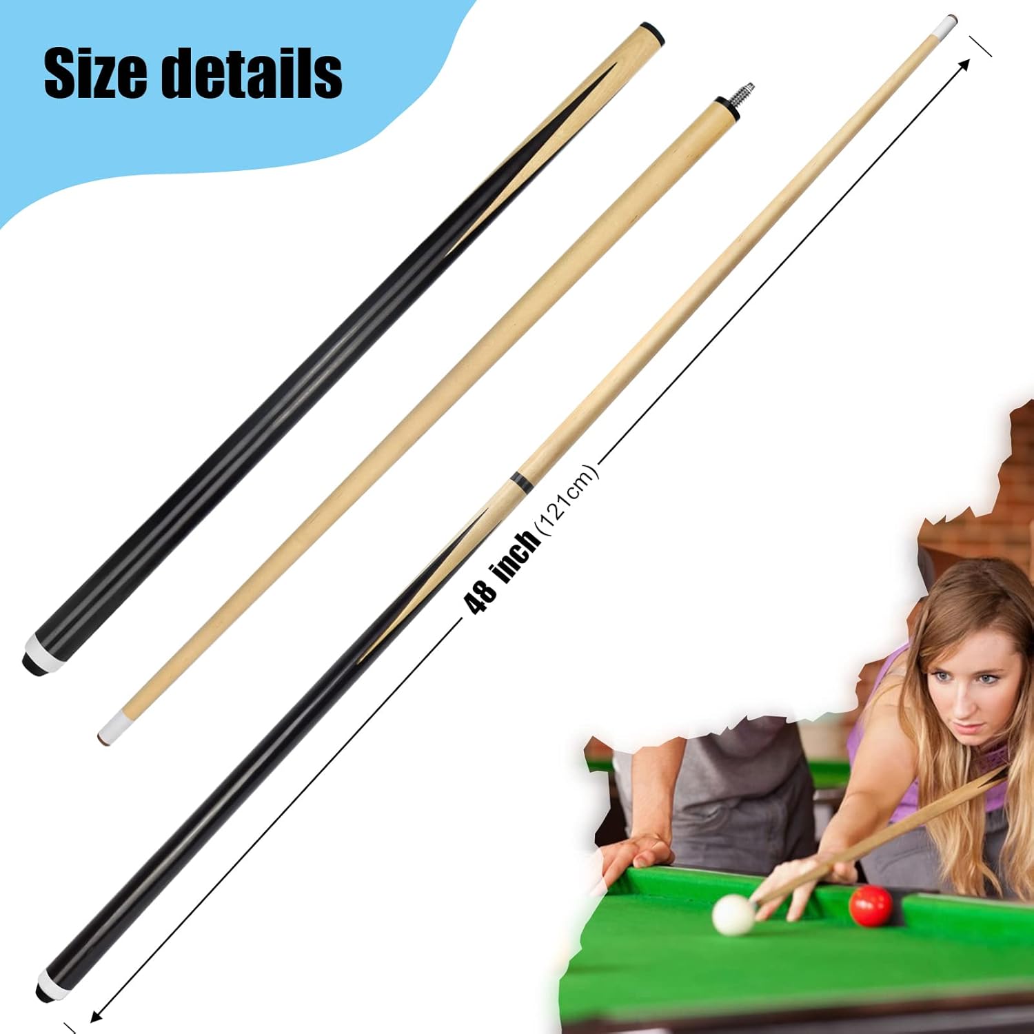 VANLAN Stecca da Biliardo in Legno massello, Piccole, per Bambini, con Punte da incollare da 13 mm, Set da 2