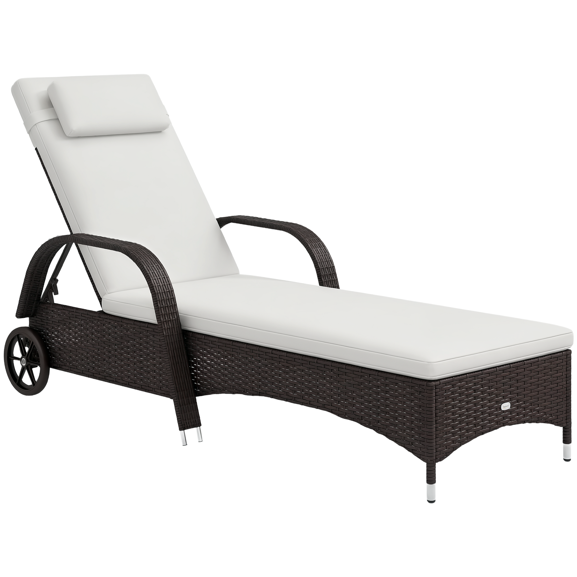 Outsunny Sonnenliege Polyrattan Gartenliege mit 5-Fach verstellbarer Rücklehne, Polsterauflage, Rollen, Kissen, 160 kg belastbar Relaxliege Liegestuhl für Garten, 200x73x30-103cm, Kaffeebraun