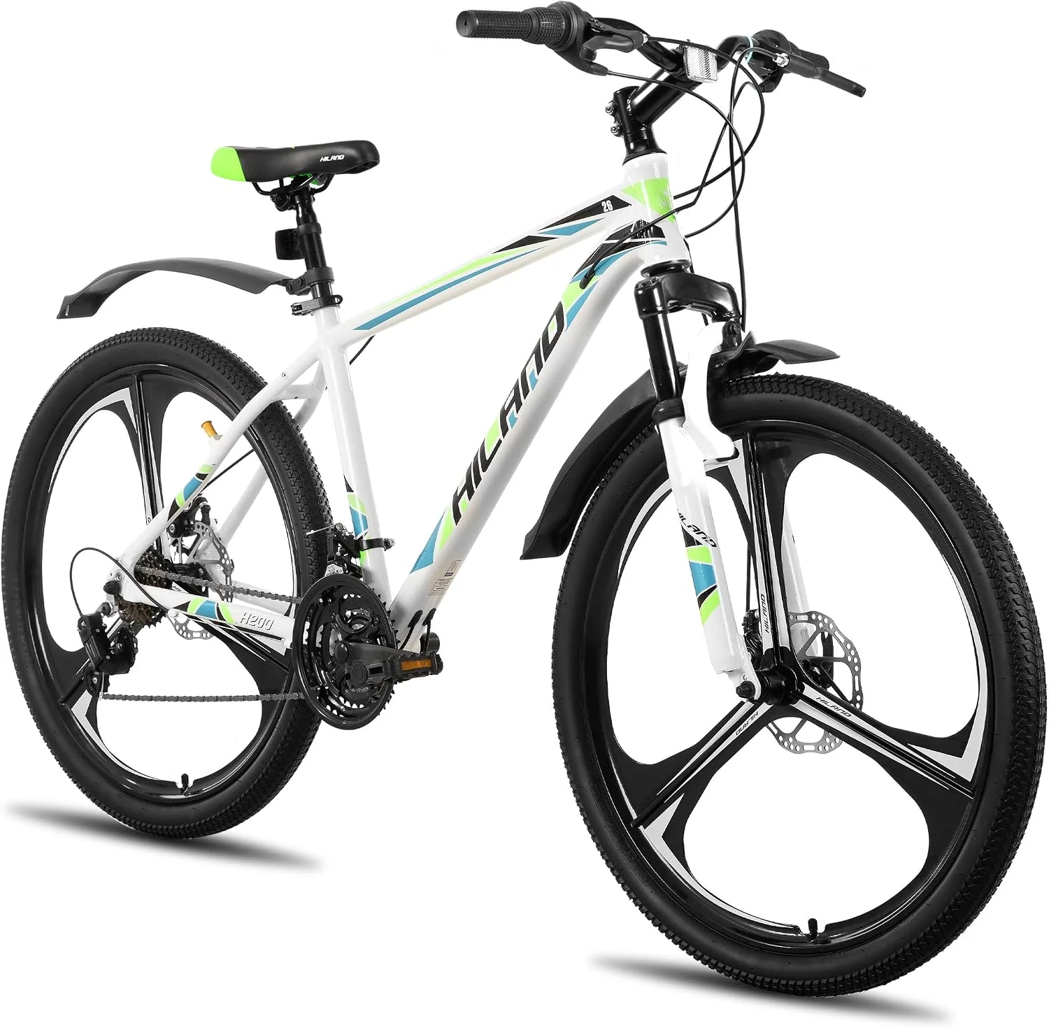 HH HILAND Mountainbike, 26 Zoll, Weiß/Schwarz/Grün, für Erwachsene, 3/6 Speichenrad 18 Gang Herren Damen mit, MTB Aluminiumrahmen Fahrrad