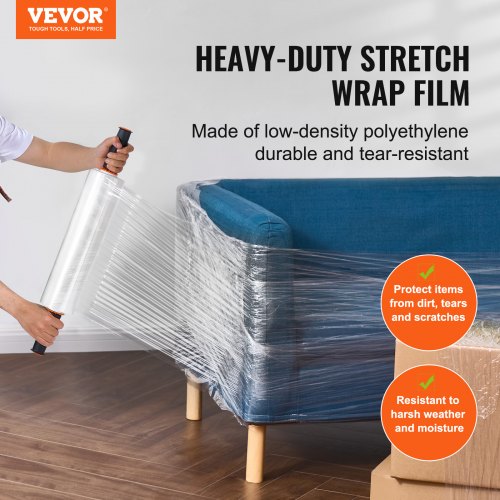 VEVOR Stretchfolie, 381 mm x 366 m, 2er-Set, 80 Gauge Industriestärke, transparente Palettenfolie, strapazierfähige Verpackungsfolie mit Griffen zum Verpacken von Paletten, Versand und Umzügen