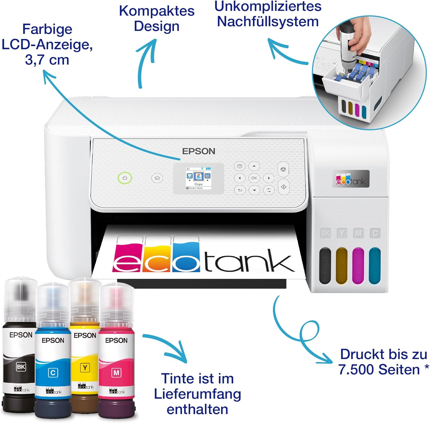Epson EcoTank ET-2826 A4-Multifunktions-Wi-Fi-Tintentankdrucker, mit einem im Lieferumfang enthaltenen Vorrat an Tinten bis zu 3 Jahren