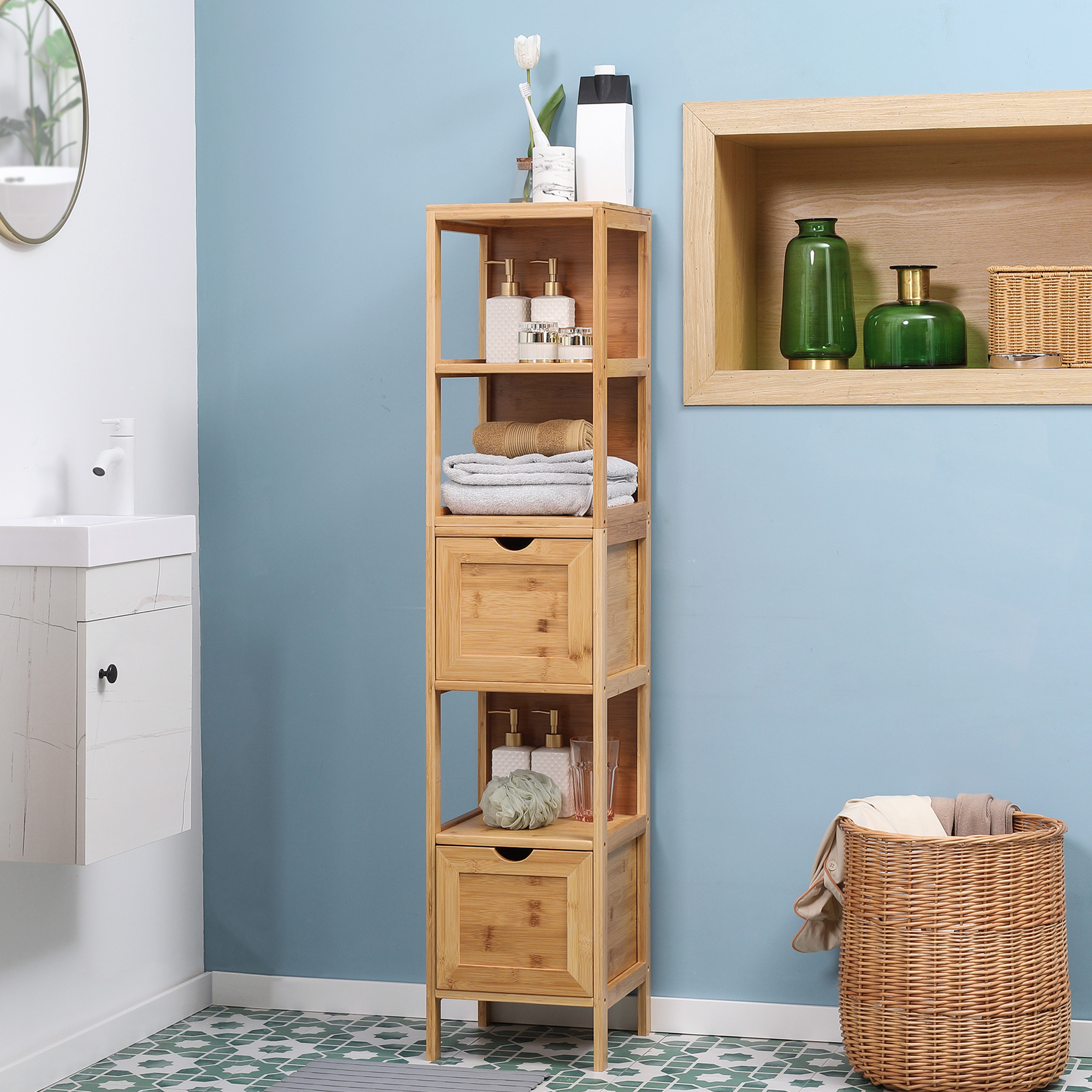kleankin Badezimmerschrank, 3 Regale, 2 Schubladen, Bambus, 30 cm x 30 cm x 140 cm, Natur