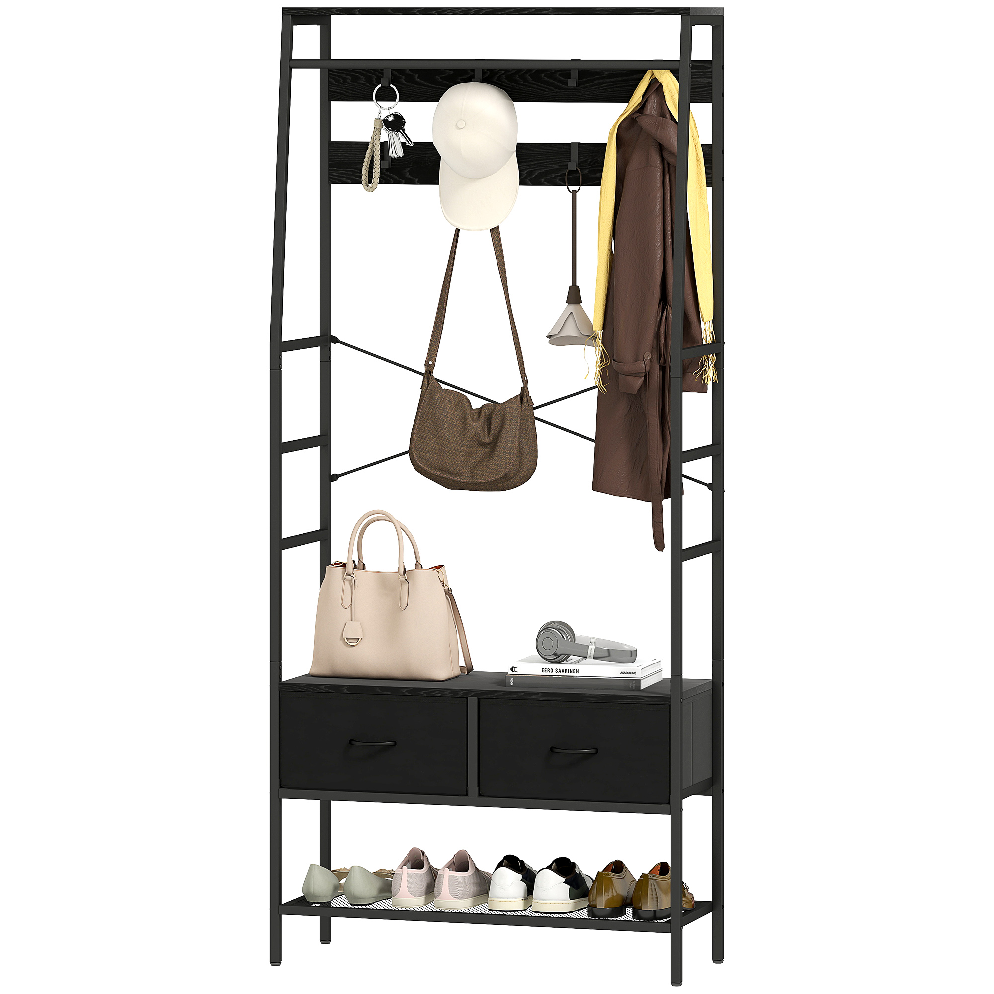 HOMCOM Garderobenständer mit Schuhregal, Kleiderständer im Industrie-Design, 2 Stoffschubladen, 8 Haken, Metallrahmen, Schwarz