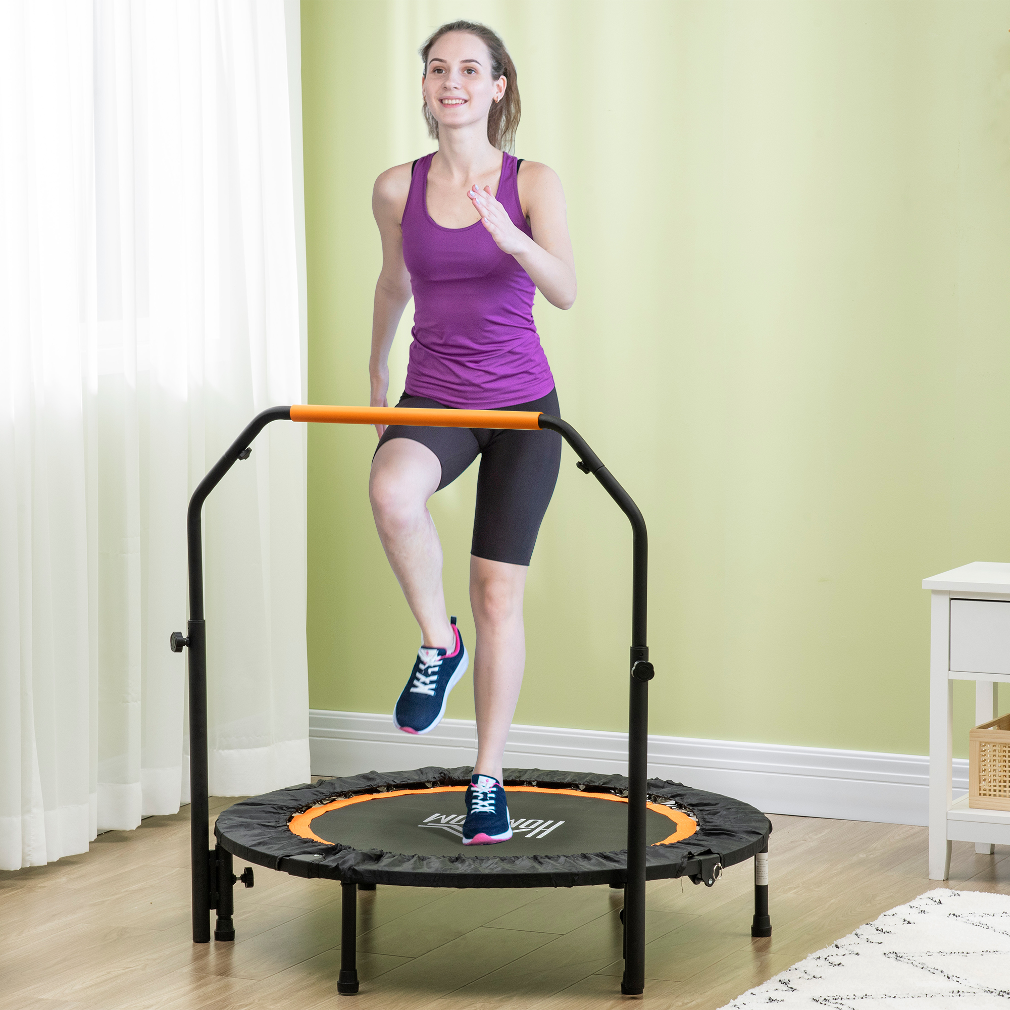 HOMCOM Fitnesstrampolin, klappbar, verstellbarer Haltegriff, Ø102 x 123H cm, bis 100 kg, Schwarz