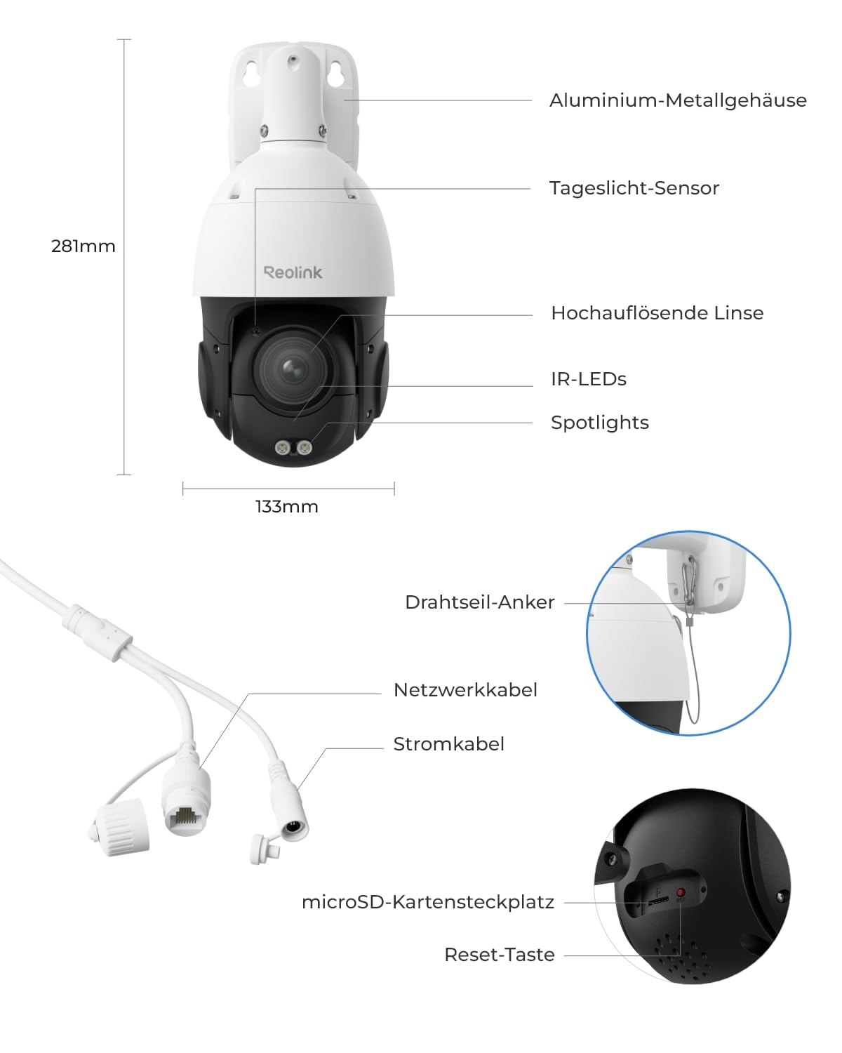 4K PTZ Überwachungskamera außen RLC-823S2 8MP PoE 16x 3D-Zoom 360° Schwenken 90° Neigen Auto-Tracking Nachtsicht 2-Wege-Audio