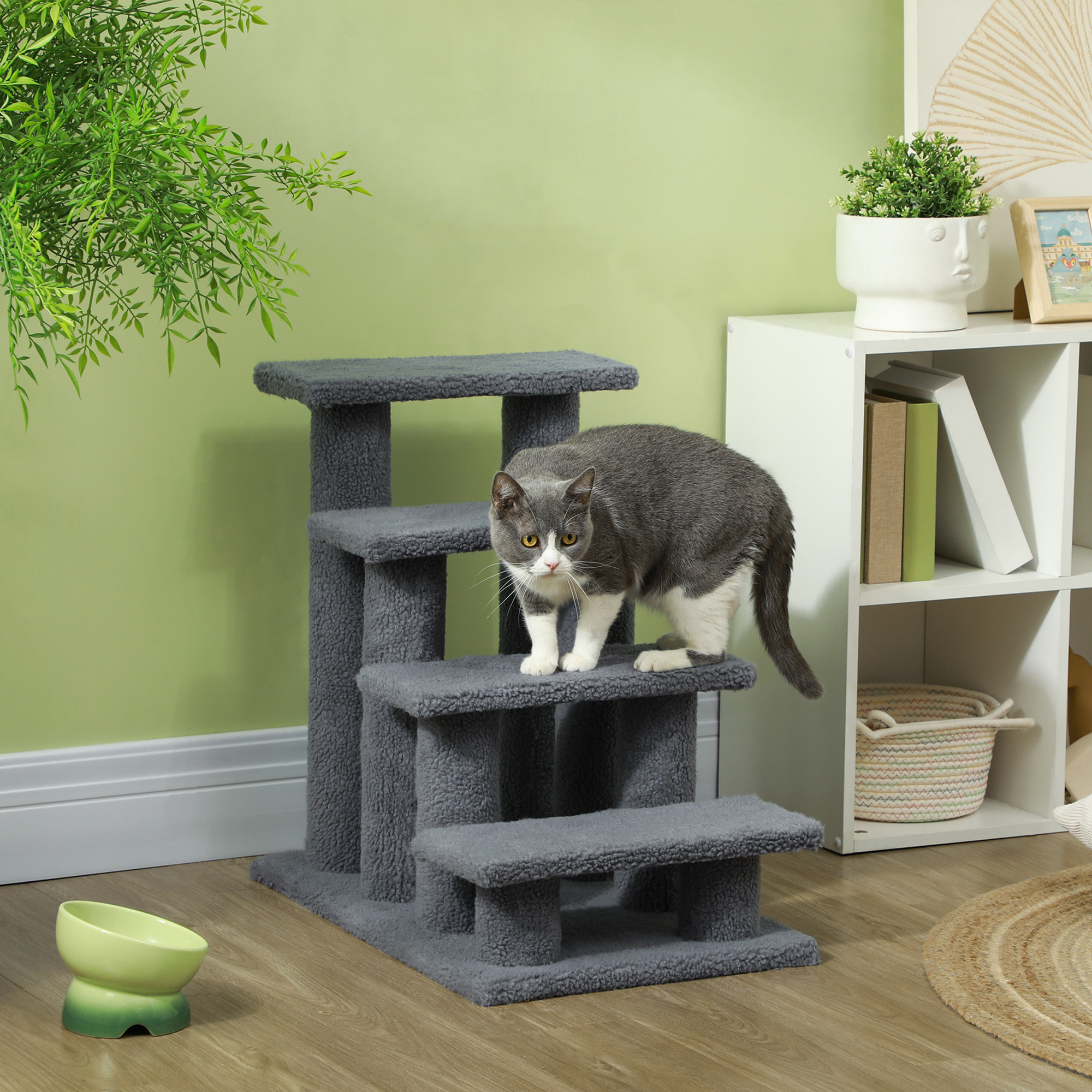 PawHut Tiertreppe Katzentreppe Hundetreppe Treppe für Katze und Hunde 4 Stufen Grau 63,5x43x60cm