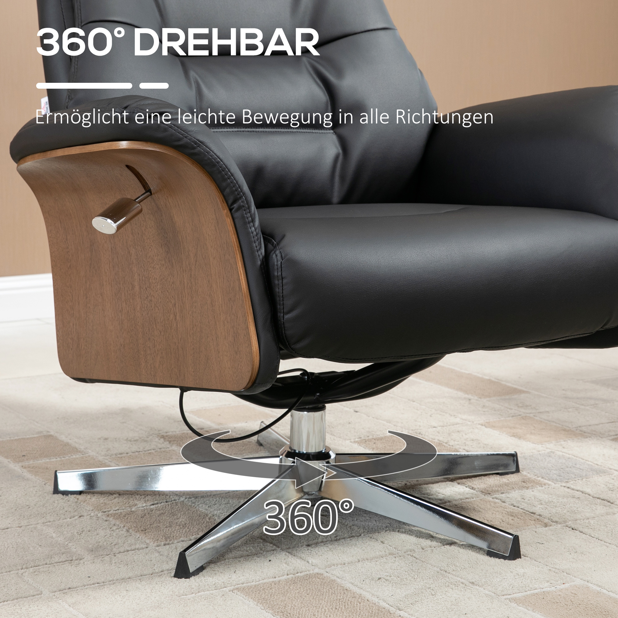Fauteuil met voetenbank, 360° draaibaar, ligfunctie, leesstoel, zwart, 80 x 84 x 108 cm