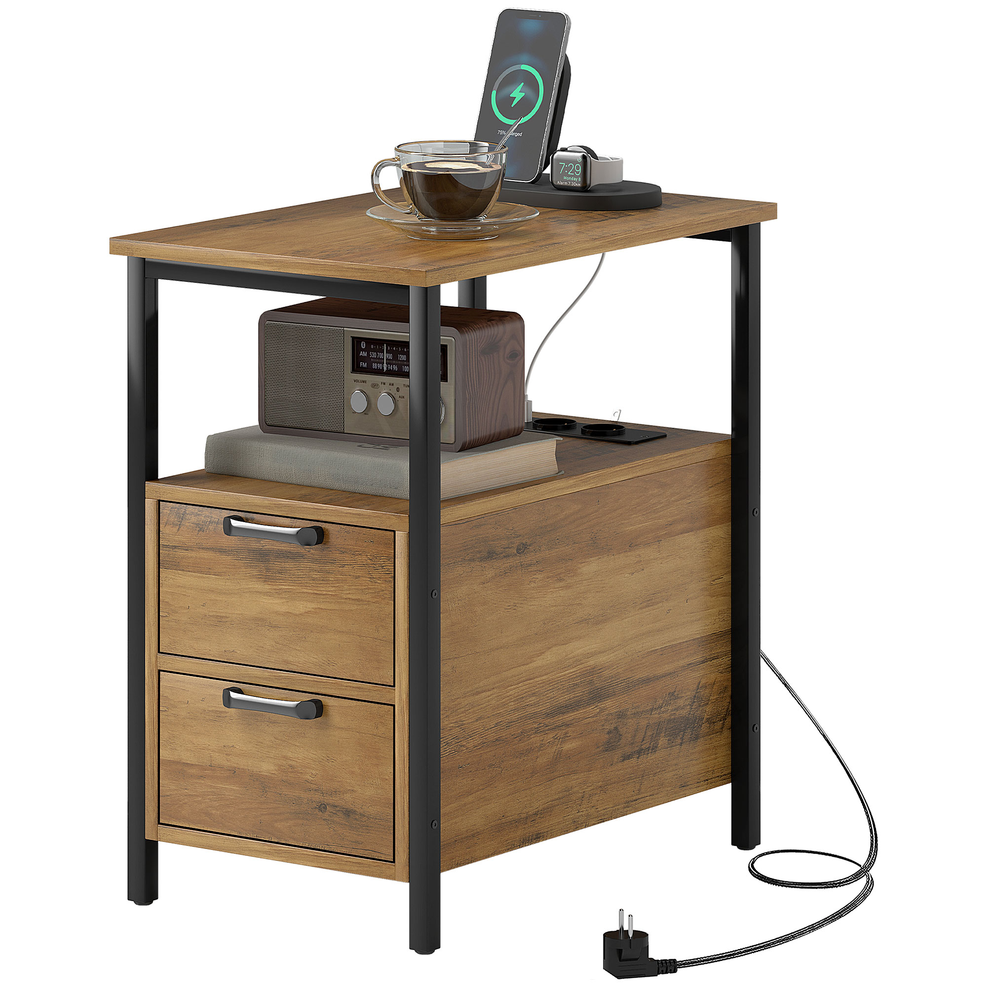 HOMCOM Beistelltisch Nachttisch mit 2 Steckdosen USB-Anschluss 1 Typ-C-Anschluss 143 cm Kabel Schubladen und Regal Naturholz