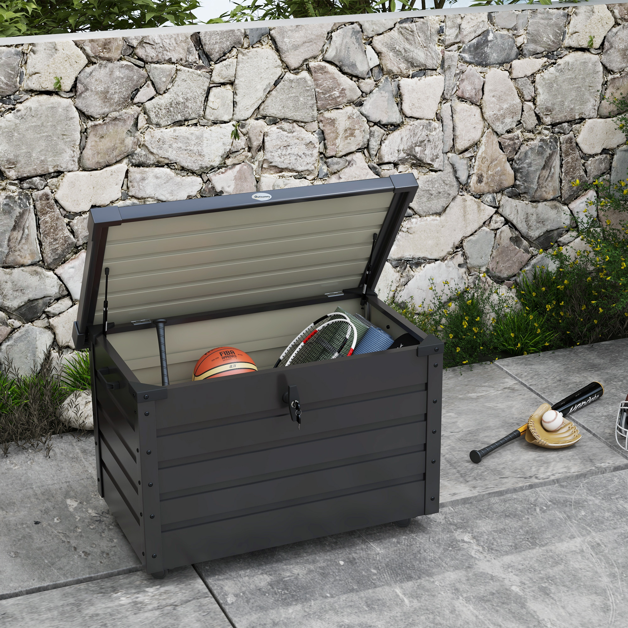 Outsunny Buiten Opbergbox Tuinkist Kussenbox, weerbestendig, 4 Wielen, 100 cm x 62 cm x 65 cm, Donkergrijs