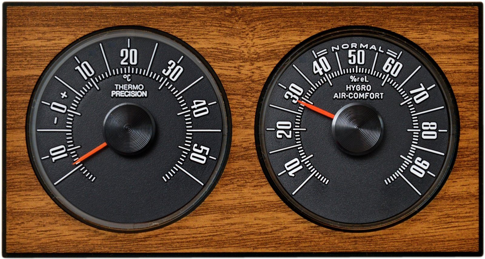 Wetterstation Analoge Wetterstation Thermometer Hygrometer aus 1972 in Eiche Design