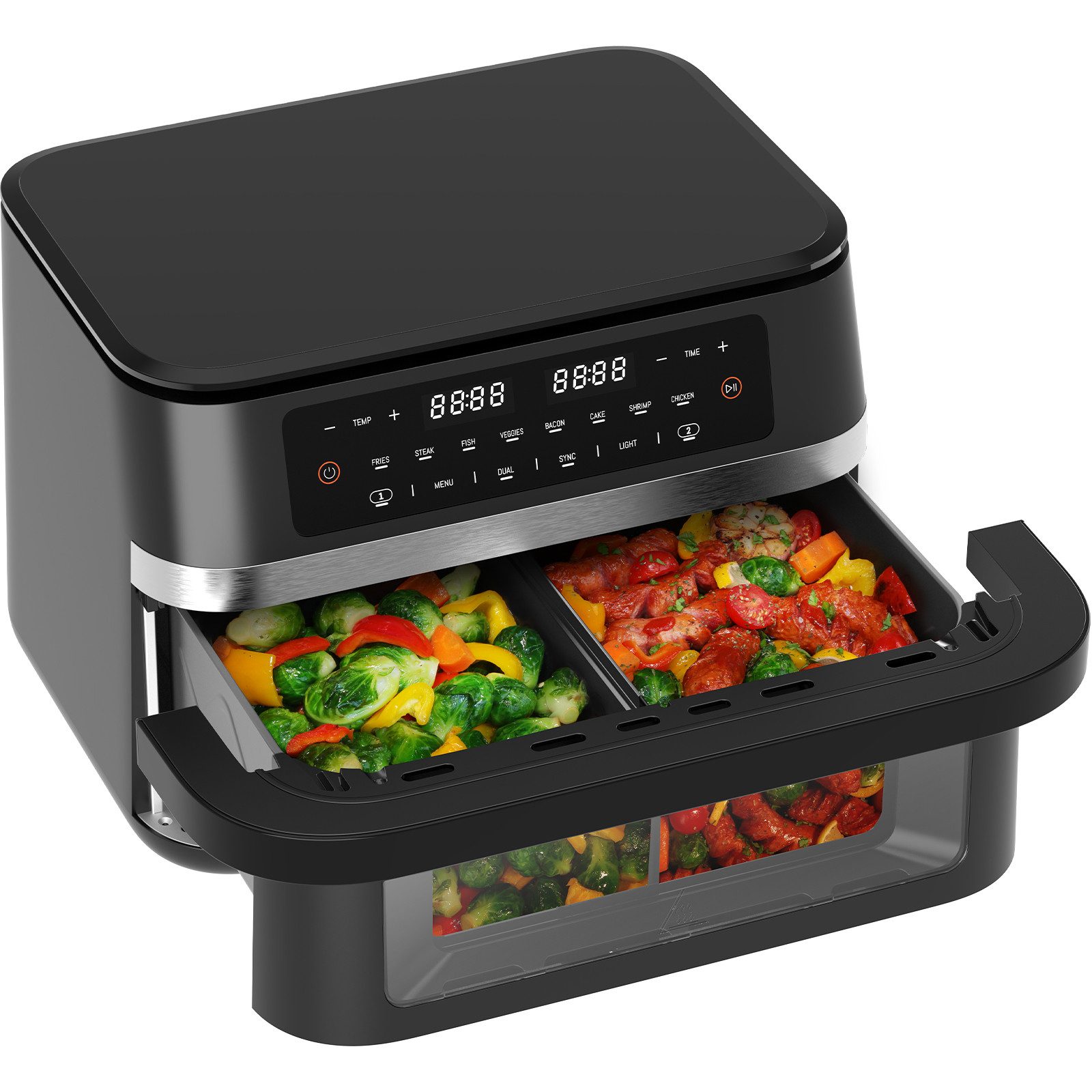 Heißluftfritteuse XXL 2 karmmern, Airfryer mit Sichtfenster & Beleuchtung, Doppelkammer + abnehmbare Trennwand, Sync-Funktion, LED-Touch, 8 Programme, spülmaschinenfestes Körbchen