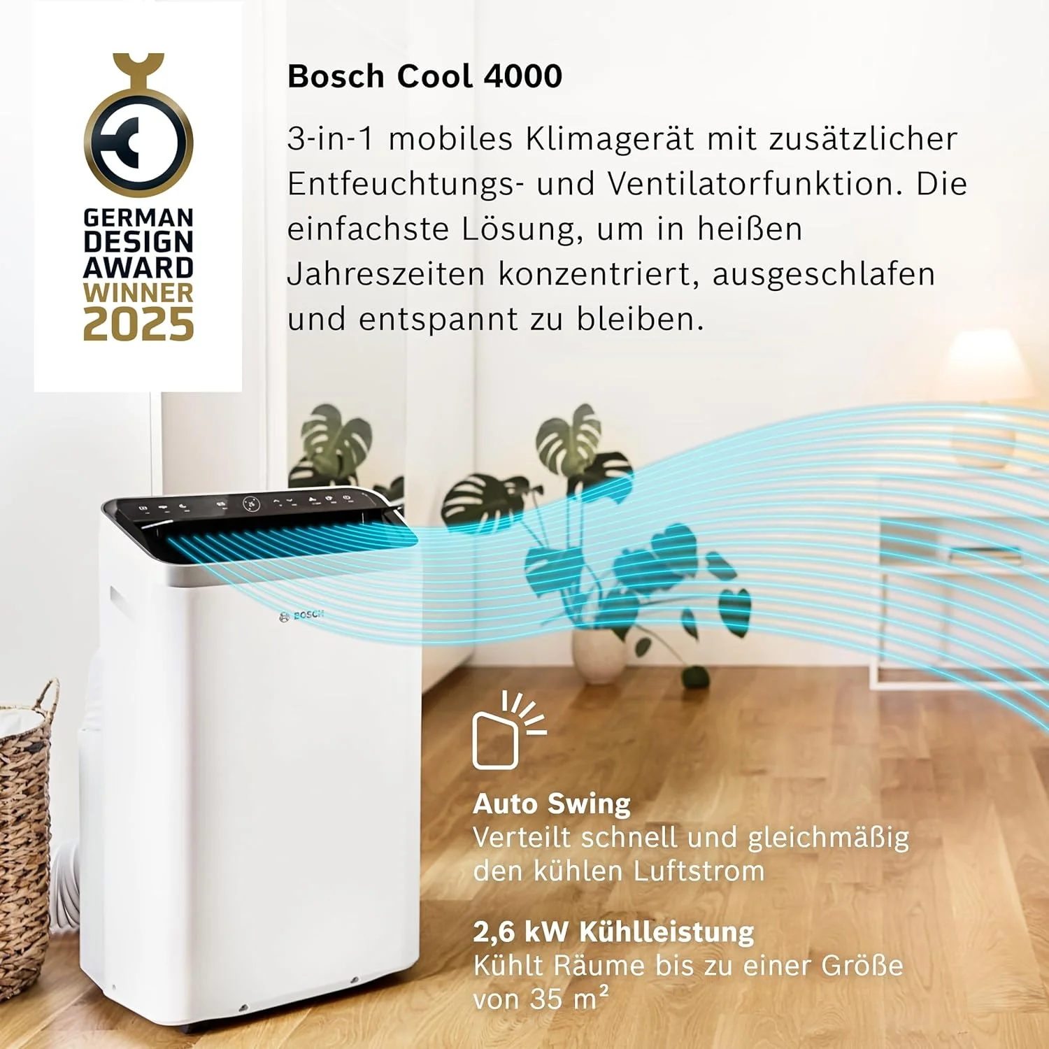 Bosch Cool 4000 Mobiele airconditioner - 3-in-1: Airconditioner, ontvochtiger, ventilator - 2,6 kW voor ruimtes tot 35 m2 - Met automatische modus, stille modus & slaapmodus