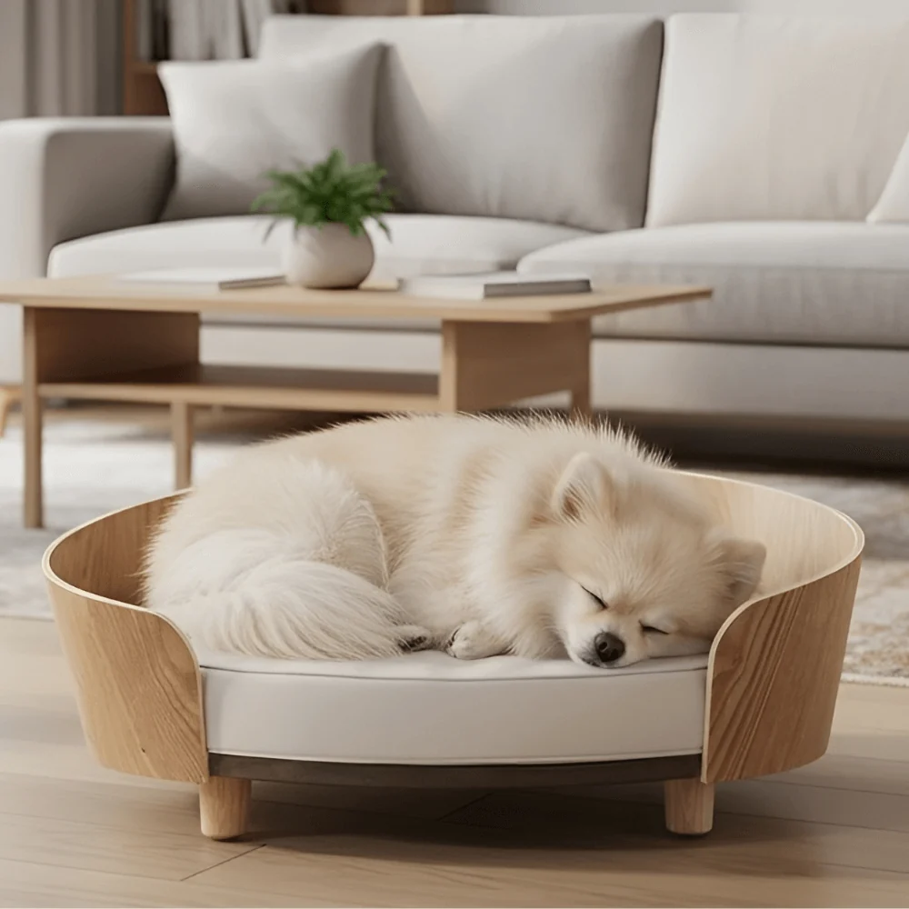 Elevated Wooden Dog Bed �C Thick Cushion, Semi-Enclosed Design & Non-Slip Legs