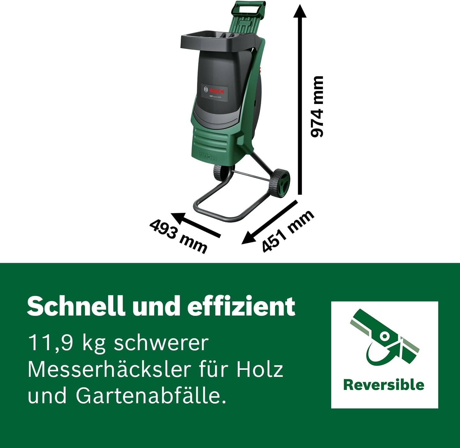 Bosch AXT Rapid 2000 Häcksler (zum leistungsstarken Häckseln von Gartenabfällen; kraftvoller 2000-W-Motor)